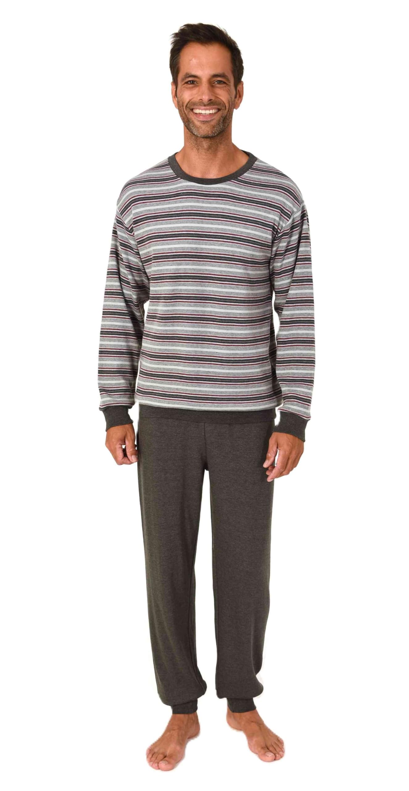 Normann Men's Long Pyjamas in Warm Cuddly Interlock Quality in Striped Look, charcoal, 48