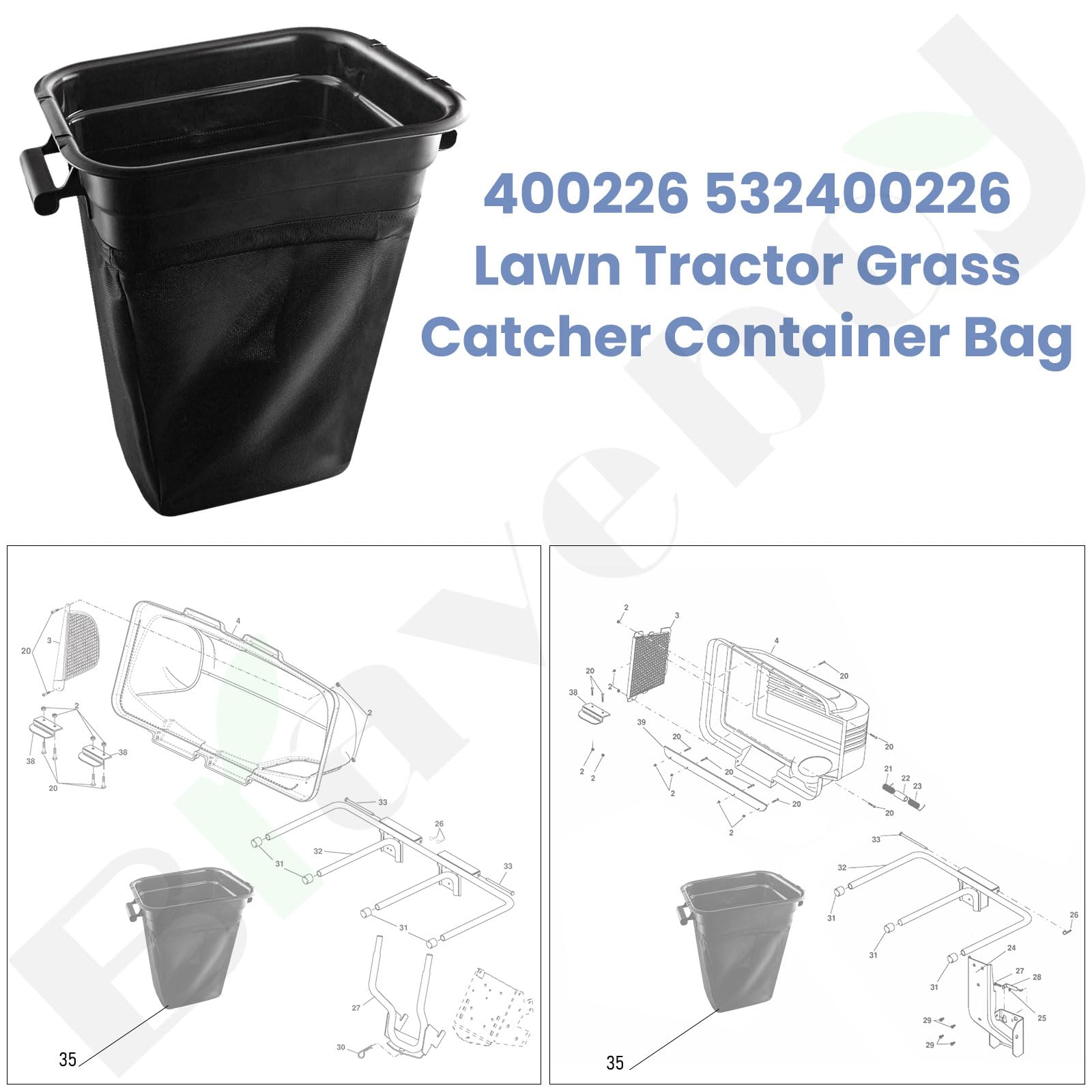 Braveboy 400226 532400226 - Bolsa de contenedor para tractor de césped compatible con Husqvarna/Craftsman/Poulan sustituye a 960730028, 966529103, G483ST, RZ30, RZ3016 para cortadoras de césped Dixon