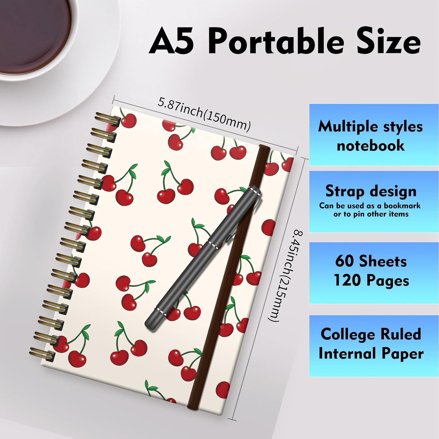 Cute Spiral Journal Notebook,A5 Hardcover Lined Journals for Women Girl 6 x 8.3 in,120 Pages Thick Paper,Cute College Ruled Writing Notebook for Gifts Office Work School (Cute Cherry) - Image 6