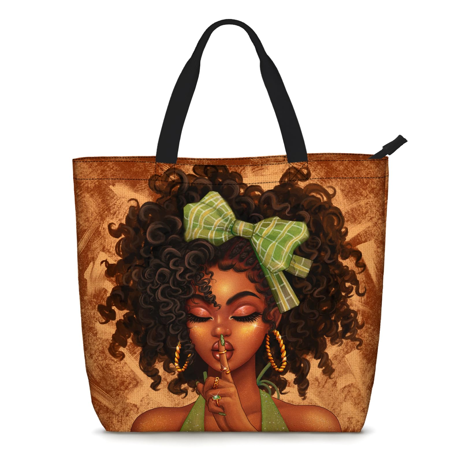 FoiniorAfrican American Women Tote Bag Black Shoulder Handbag For Women Fit Work Beach Labtops With Zip