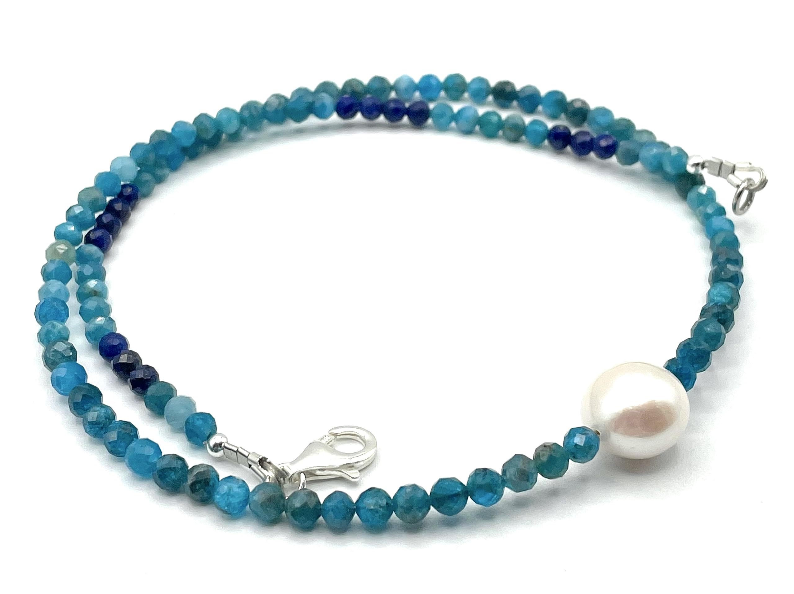 Collana con Apatite Blu e Perla Bianca Naturale, Girocollo con Piccole Pietre, Argento 925, Gioielli Italiani, Bijoux Estate, Made in Italy