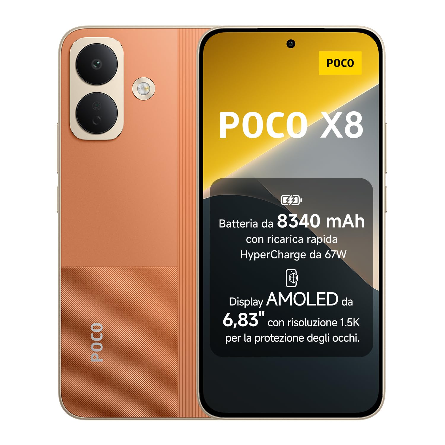 POCO X8, Smartphone 12+256GB, Arancione, Batteria 8340mAh, HyperCharge 67W | 3500 nits Sunlight Display AMOLED 6,83" 1.5K per Protezione Occhi, Snapdragon® 6s Gen 4, Fotocamera OIS 50MP,Xiaomi HyperOS 3