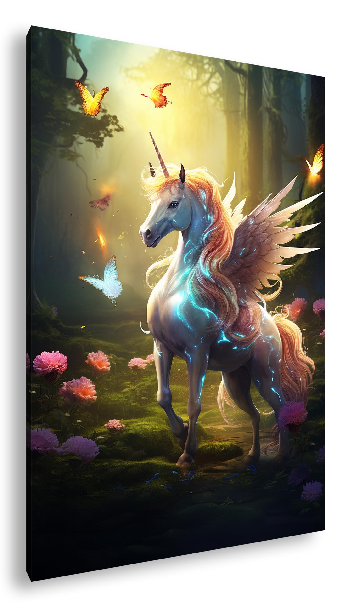 deyoli Magisches Einhorn – Lichtwesen im Zauberwald Format: 80x60cm XXL Kunstdruck Motiv auf Holzrahmen/Leinwandbild/Wandbild/Wohnzimmer Dekoration