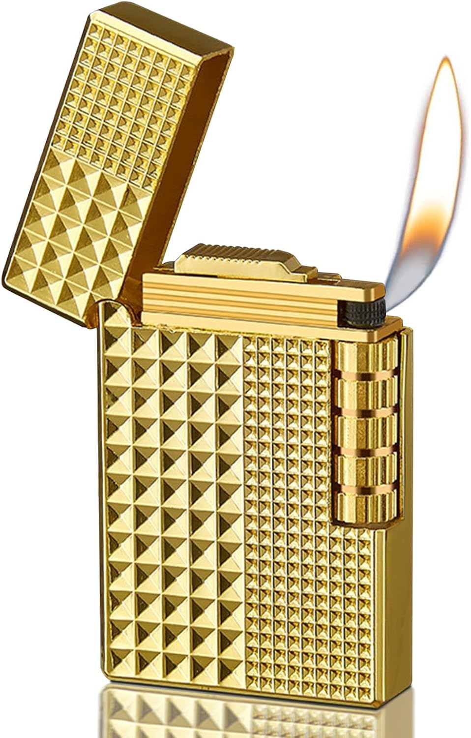 Feuerzeug, Nachfüllbarer Brennstoff, Einstellbare Flammengröße, Sturmfeuerzeug, Männer, Geschenk, Outdoor, Camping (Feuerzeug ohne Brennstoff (Goldener Rautenmuster)
