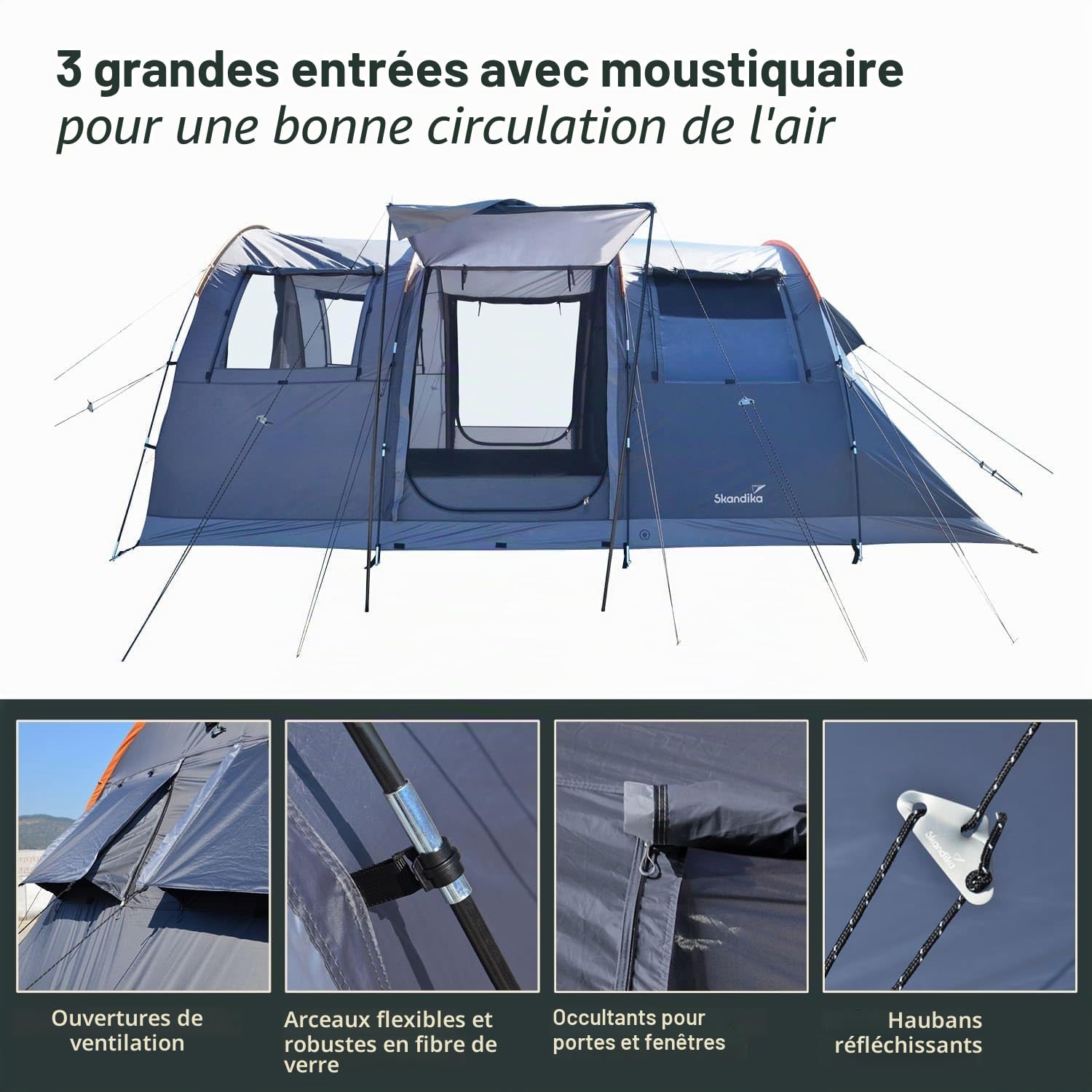Skandika Tente Tunnel Gotland pour 4 Personnes | Tente familiale avec Tapis de Sol Cousu, étanche, Colonne d'eau de 5000 mm, Hauteur 2 m, Cabine de Couchage Noire, moustiquaire | Tente de Camping
