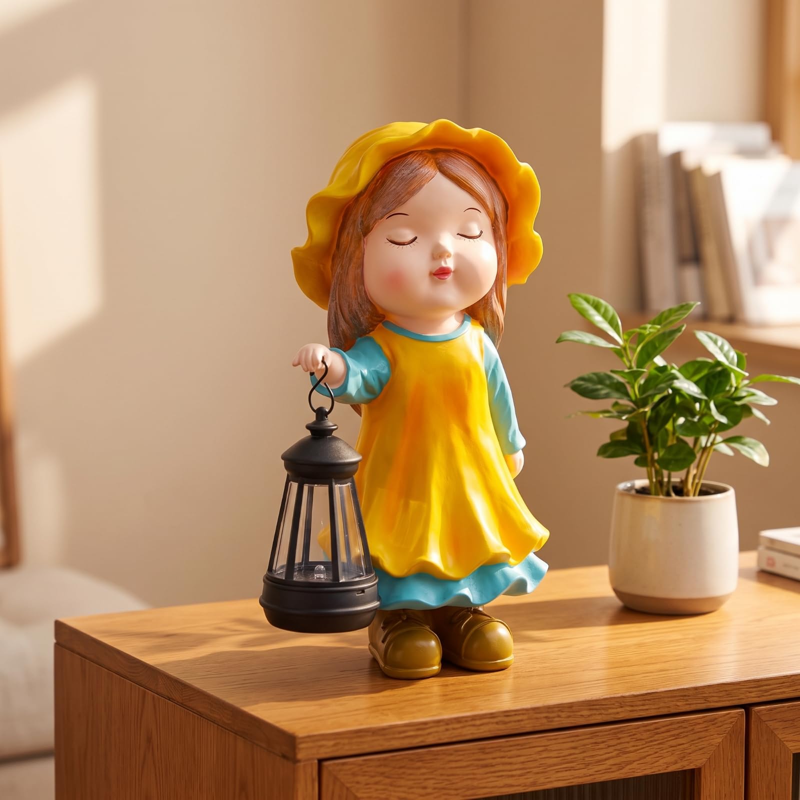 Statuetta con Lanterna Compatta Scultura, Stile Rustico Con Design A Forma Di Bambina Con Lanterna Decorativa