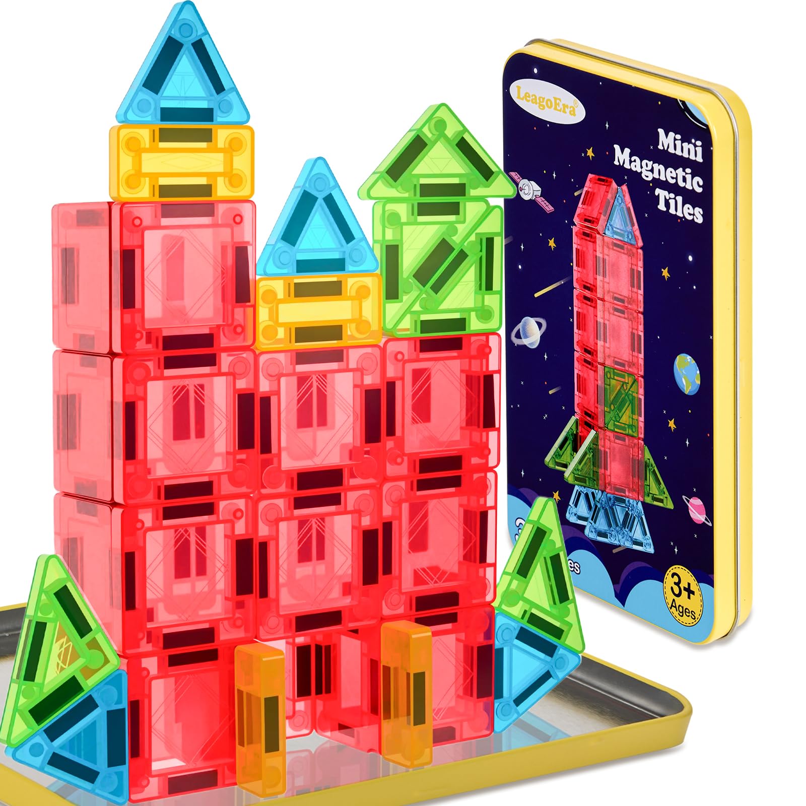 LeagoEra Magnetische Bausteine Reisespielzeug: Tragbares 32 Teile Mini Magnetische Bausteine Reiseset mit Metallbox Magnetbausteine, Magnete Spielzeug ab 3 4 5 6 7 8 Jahre Geschenk für Kinder