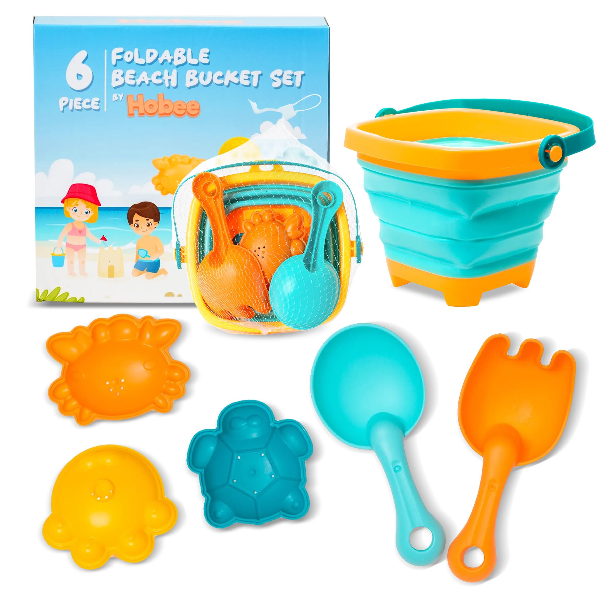 Hobee 6 Piece Foldable Beach Bucket Set for Kids - Ultimate Seaside Fun with Collapsible Bucket, Spade, Rake, and 3 Sand Moulds