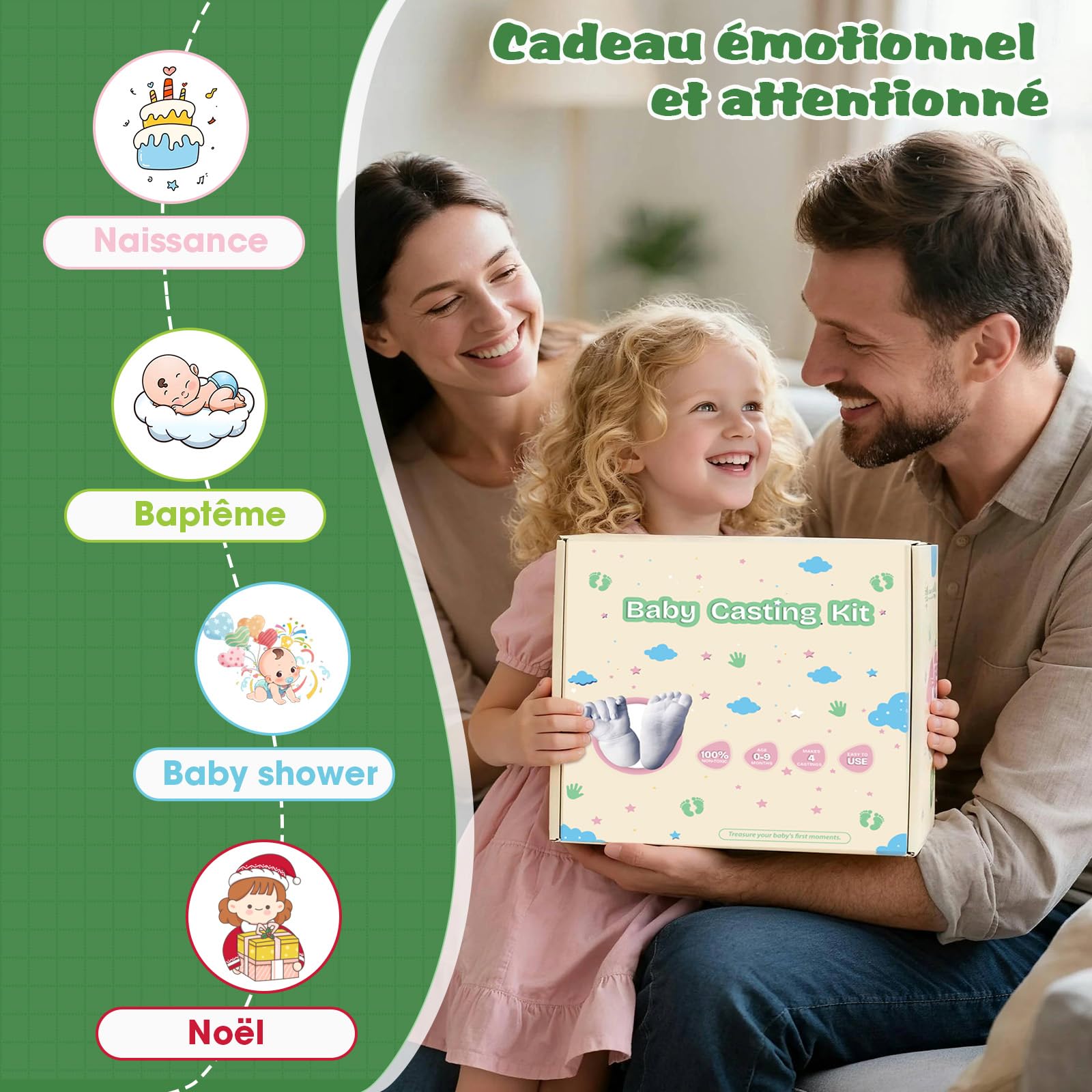 Empreinte Main Pied Bebe 0-9 Mois Kit de Moulage 3D 4 Moulages avec Peintures Non Toxique Souvenirs Personnalisés Cadeau Naissance