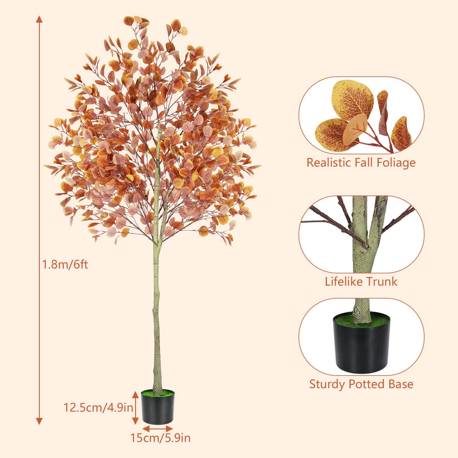 Albero di eucalipto artificiale da 1,8 m, decorazione autunnale per interni