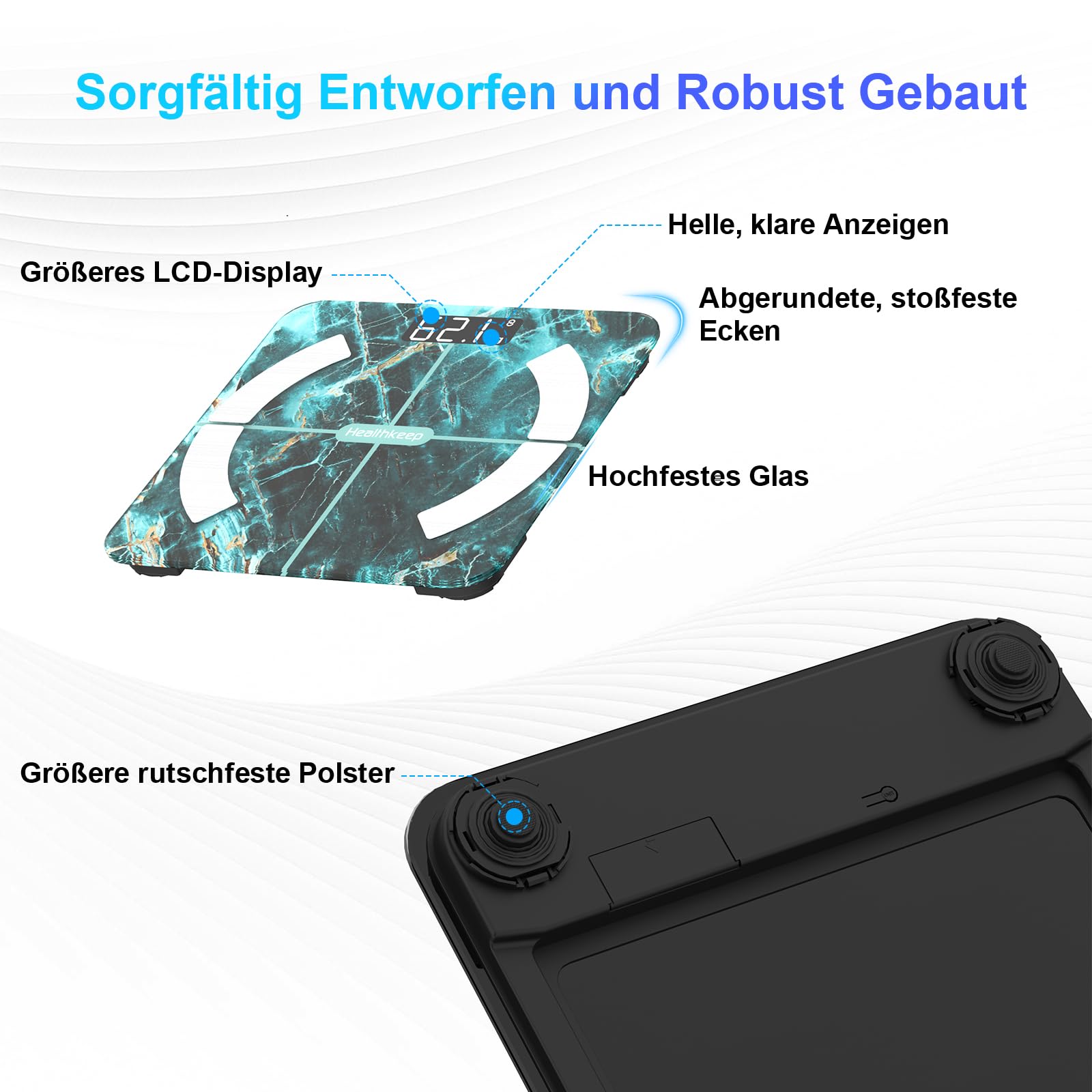 Personenwaage Körperfettwaage, Digitale Waage Personen mit APP, Bluetooth Waagen für Körperfett 13 essentielle Körperwerte, Körperanalysewaage, BMI, Gewicht, Muskelmasse, Wasser, Skelettmuskel usw