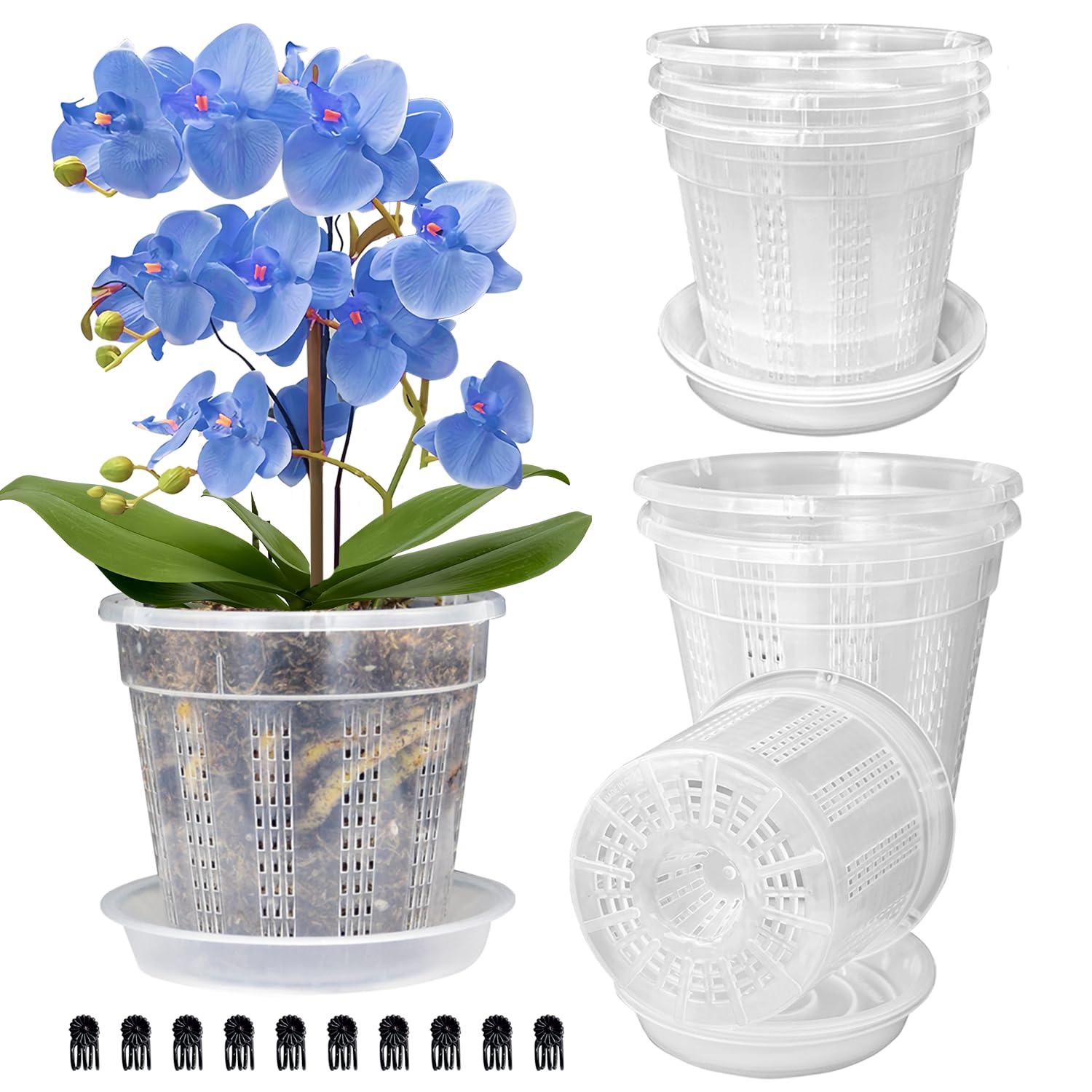 HOLANHING 6-Pack 6.1 Inch Clear Orchid Pots with Saucers