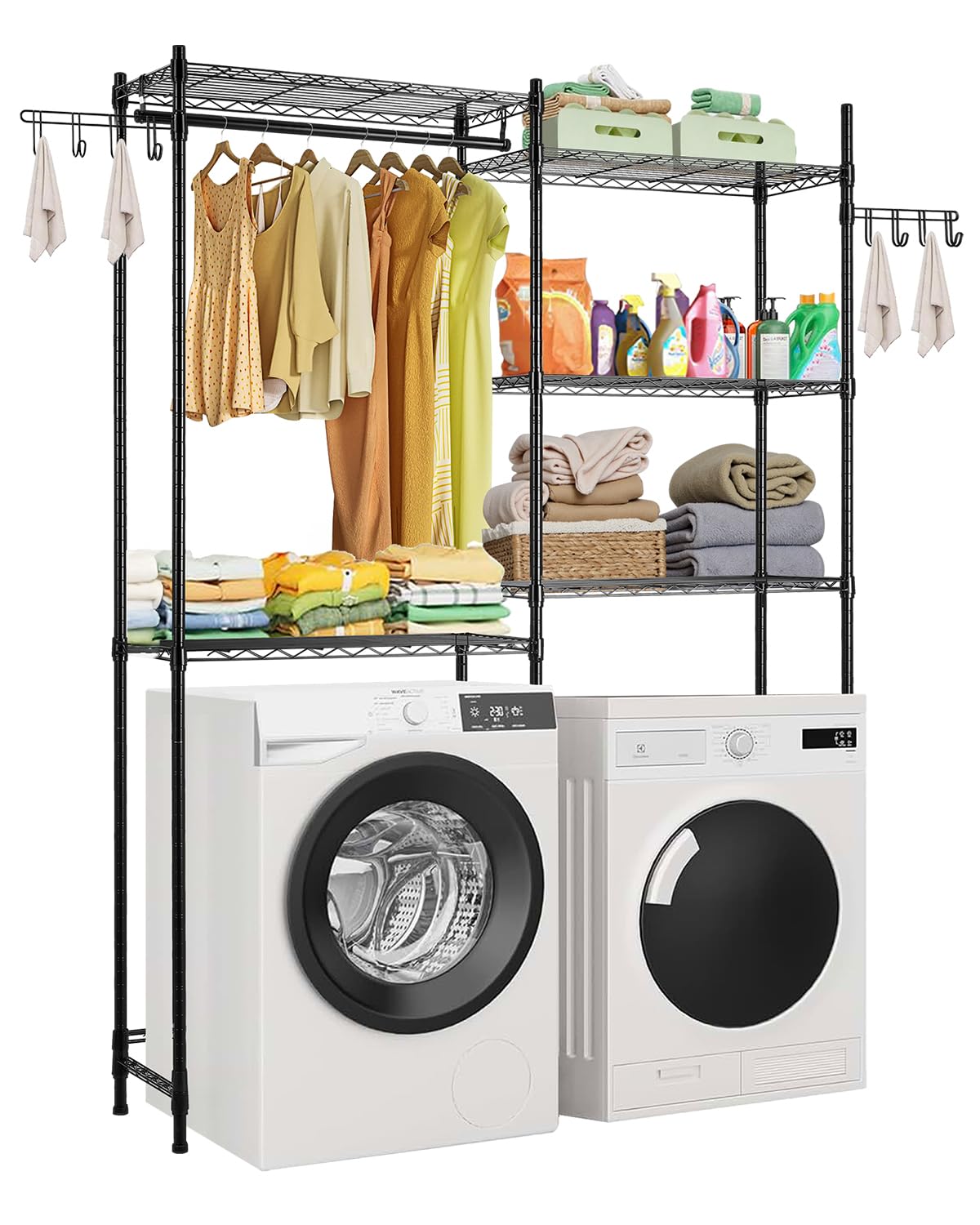 VEVOR Over The Washer and Dryer Storage Shelf, 5 Tier Laundry Room Drying Rack with Hanger Rod and Hooks, Adjustable Over Washer and Dryer Shelves, Laundry Room Shelf Storage Space Saver, Black