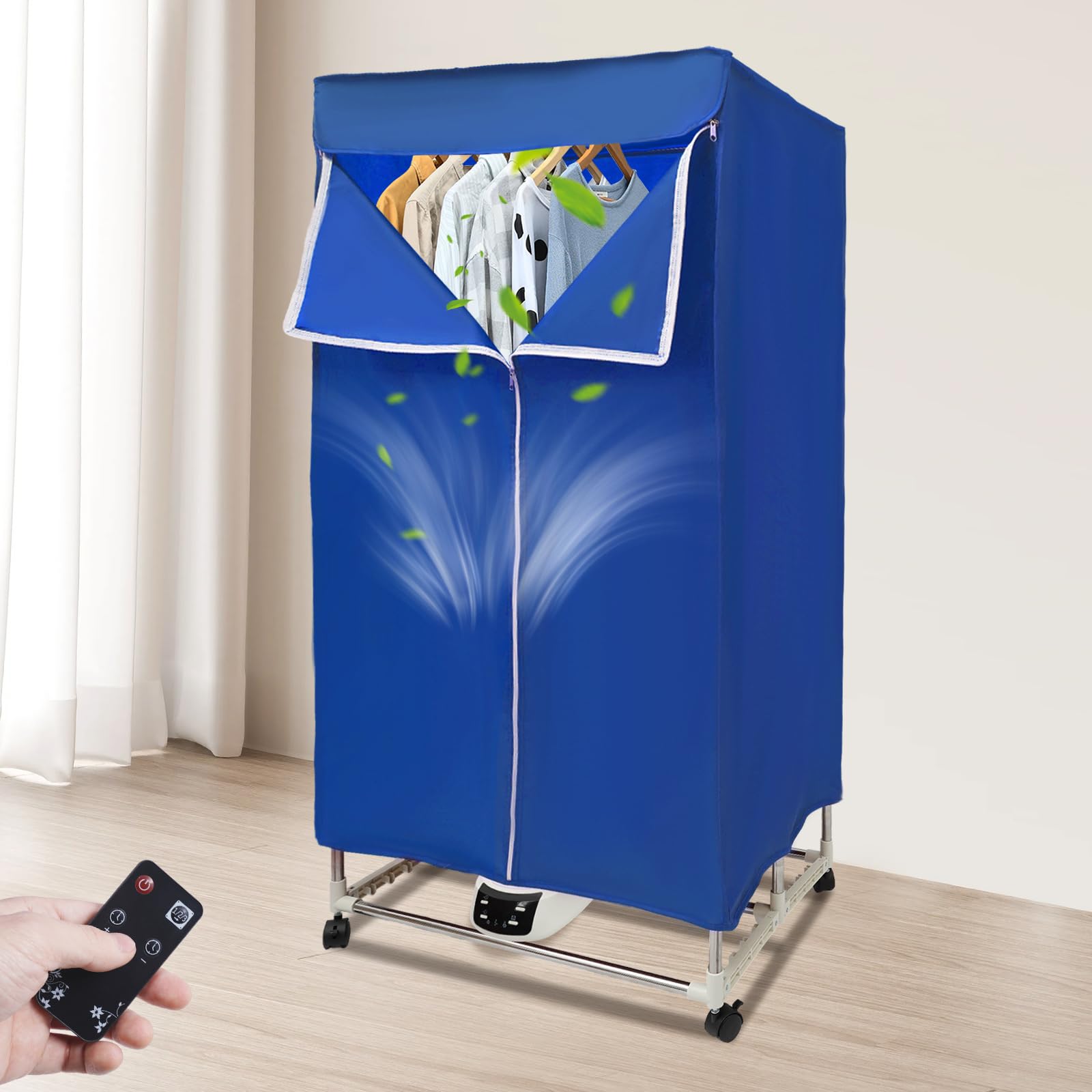 Secadora de ropa, secadora eléctrica con temporizador, 1500 W, secadora multifuncional con mando a distancia y cubierta exterior, plegable, secador de bomba de calor (azul)