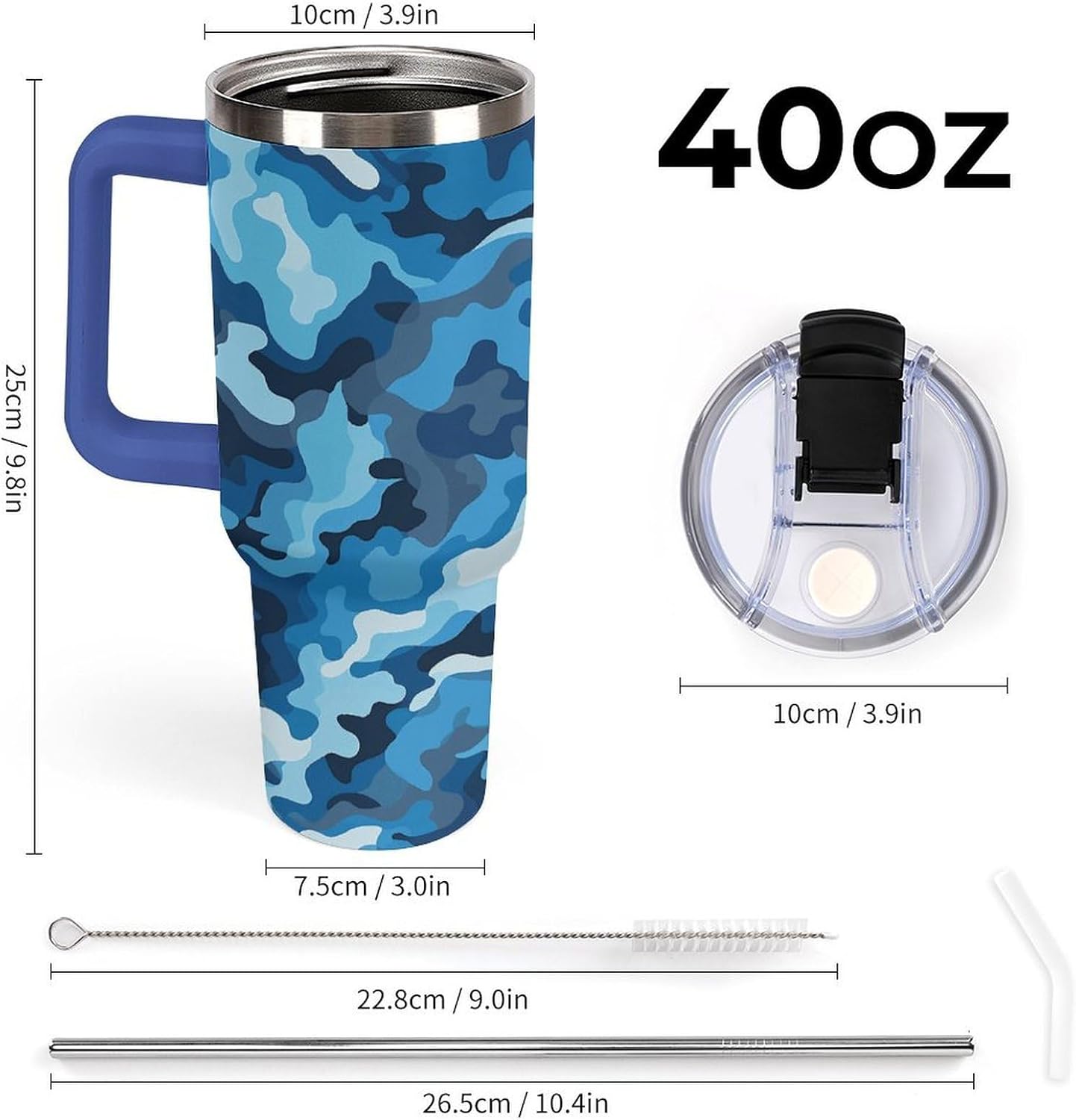 Blue Camouflage Pattern Travel Coffee Mug Reusable Durable Stainless Steel Insulated Tumbler with Handle And Straw Leak Resistant Portable Thermal Cup Gifts for Men Women 40 Oz