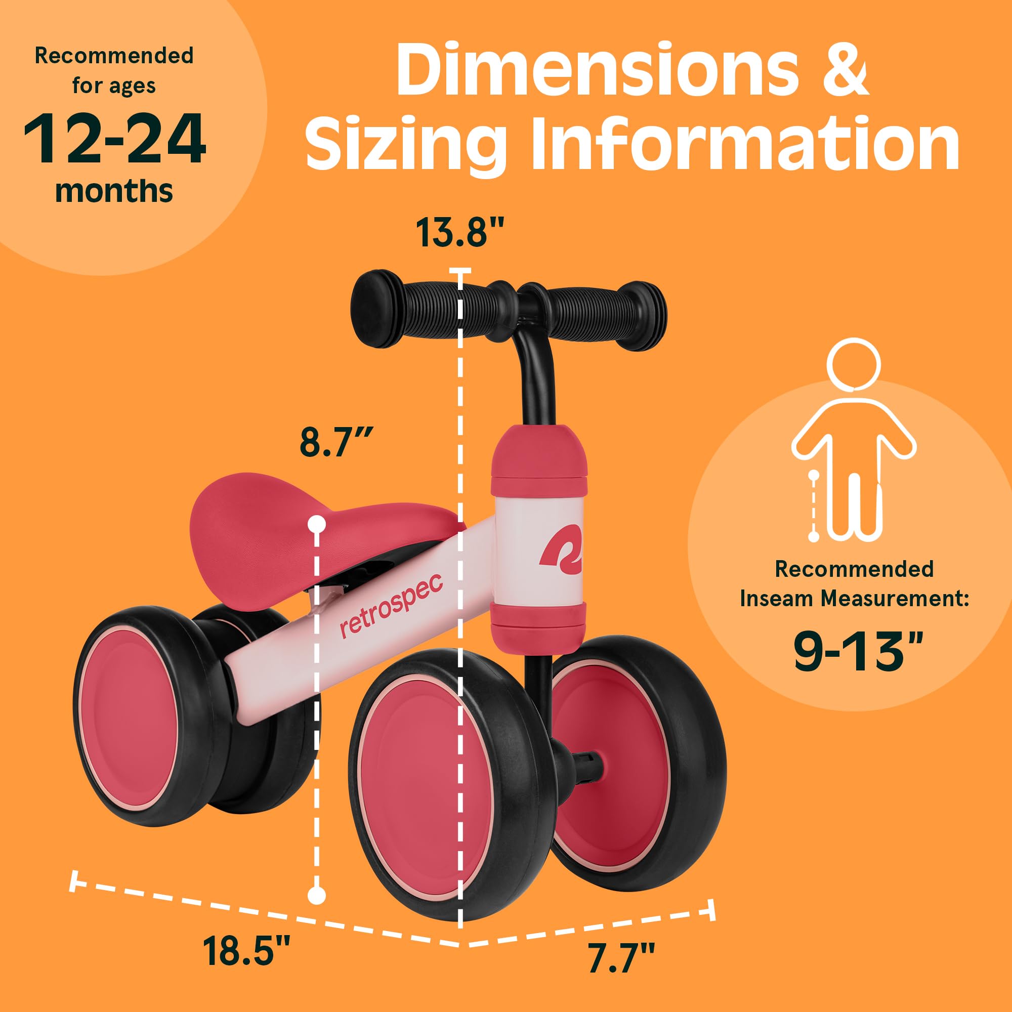 Retrospec Cricket Baby Balance Bike, 4-Wheel Ride-On Toy for Ages 12-24 Months – First Bike & Toddler Bike for 1 Year Old Boys & Girls, First Birthday Gift
