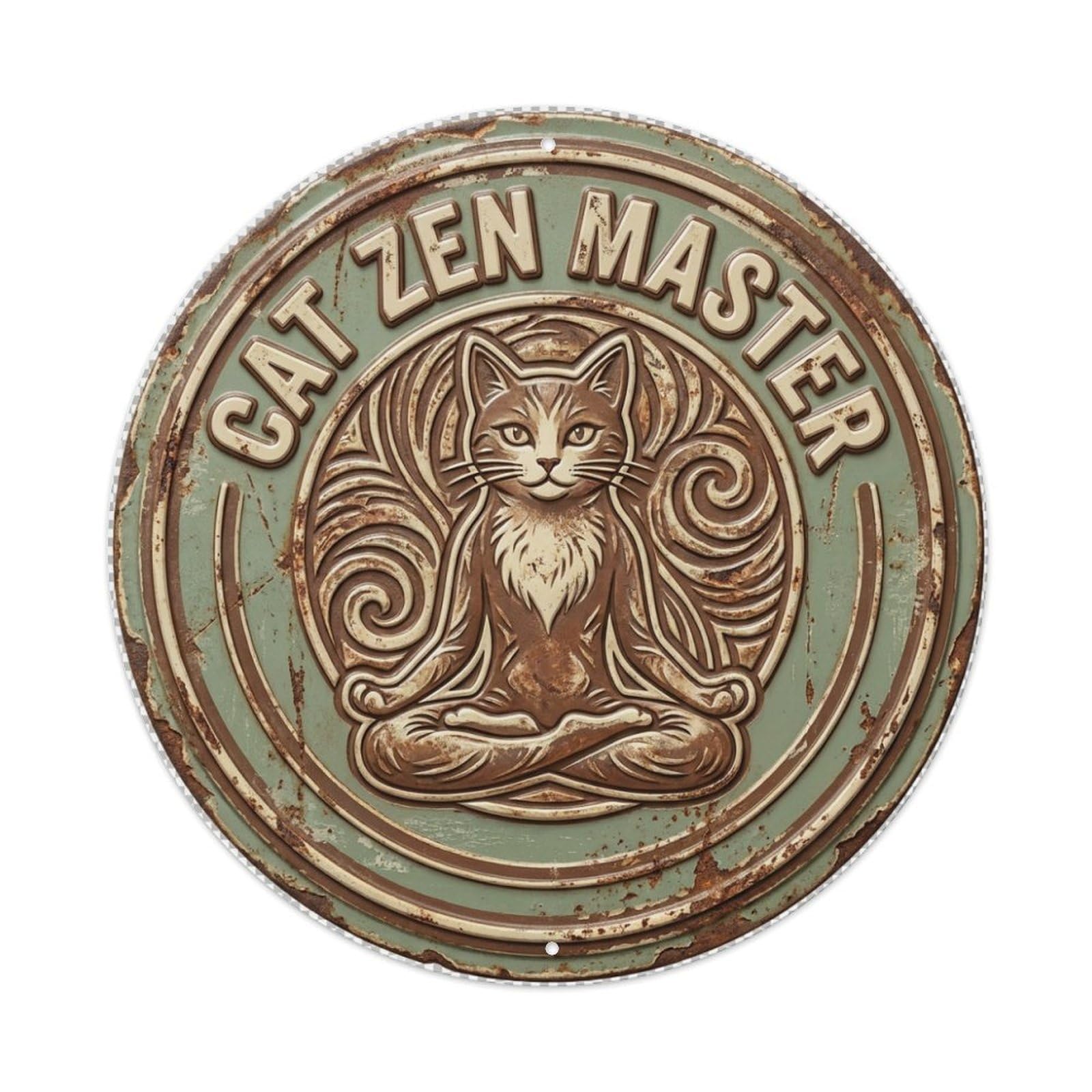 Cat Zen Master Purr Metal Tin Sign Plaque Wall Decor for Cafe, Club Bar, Office, Home Garden Round Metal Poster 8x8Inch