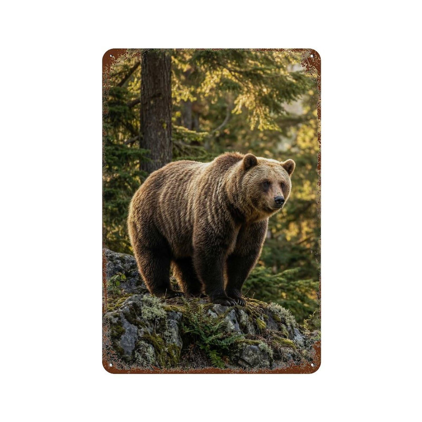 Grizzly Bear Portrait in Forest Decorative Tin Sign 11.8"x7.9", Vintage Wall Decor for Garage, Pub Or Kitchen