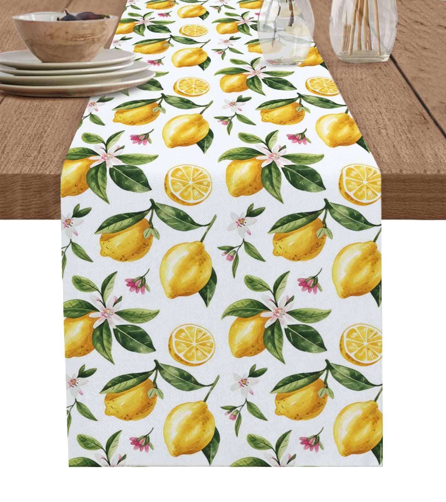 RisQiten Summer Lemon Table Runner - 108 Inch Long Spring Floral Botanical Yellow Fruits Cotton and Linen Blended Dress Scarves Farmhouse Table Runner