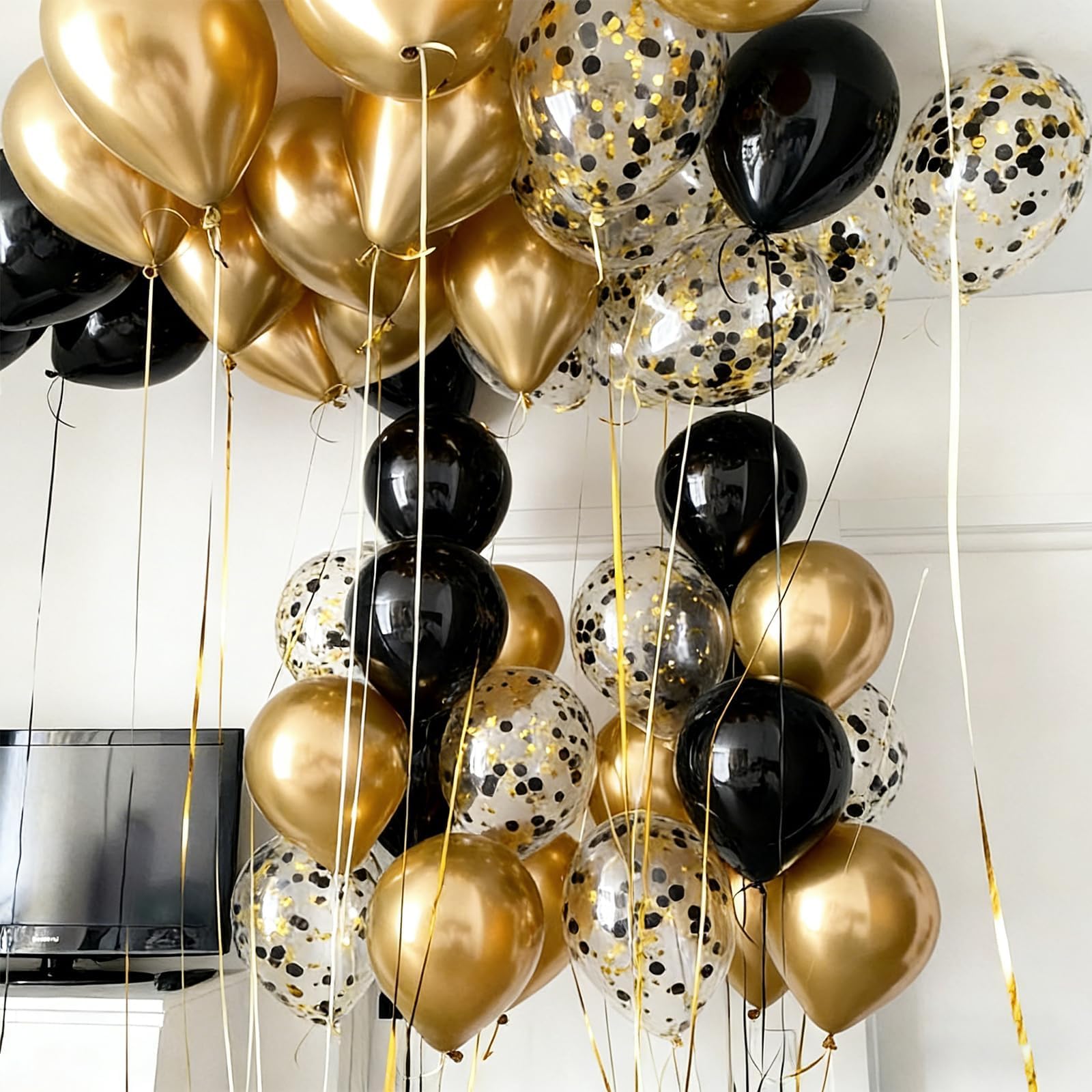 Palloncini coriandoli neri e oro da 30,5 cm, in lattice, 50 pezzi, per matrimoni, lauree, feste di compleanno, decorazioni