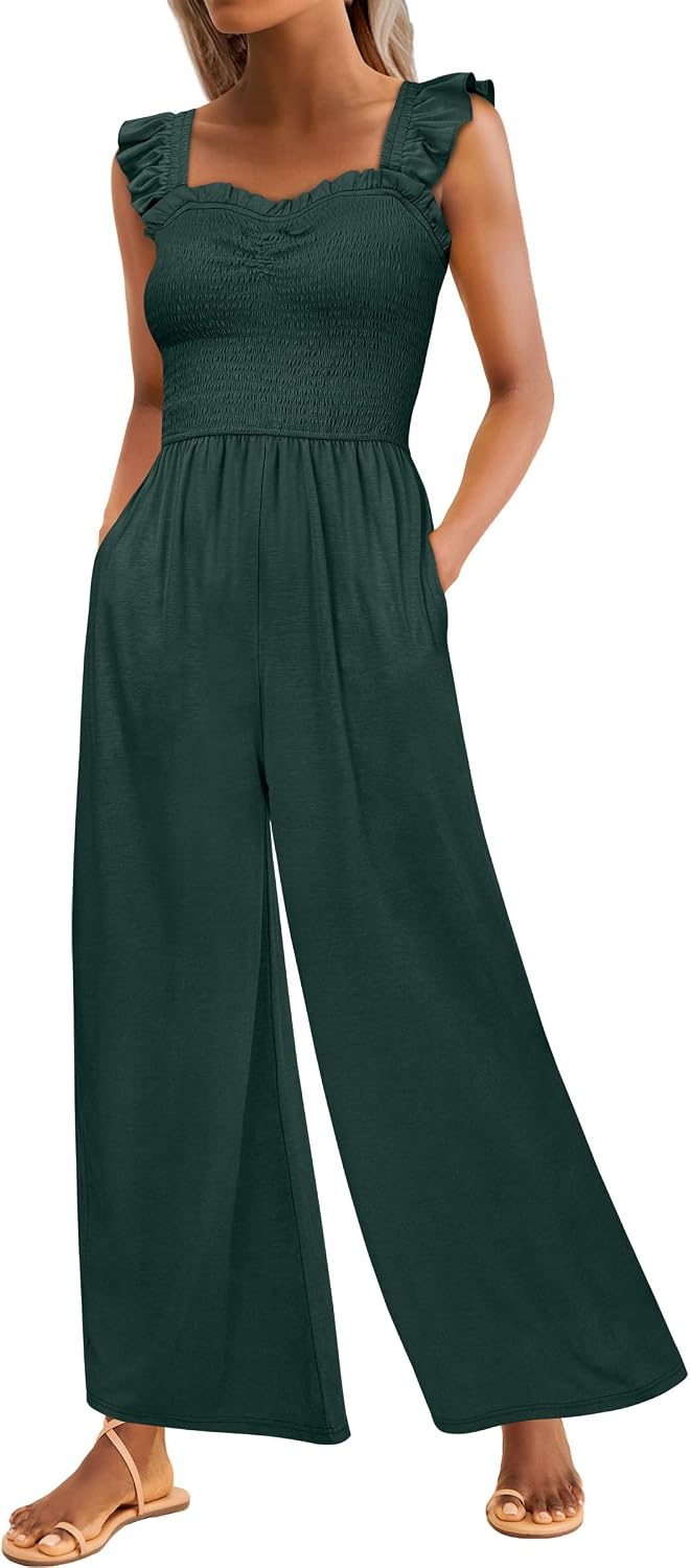 Caracilia Womens Jumpsuit Sleeveless Casual Dressy Smocked Wide Leg Rompers Summer Vacation Jumpers with Pockets 2026 Outfits
