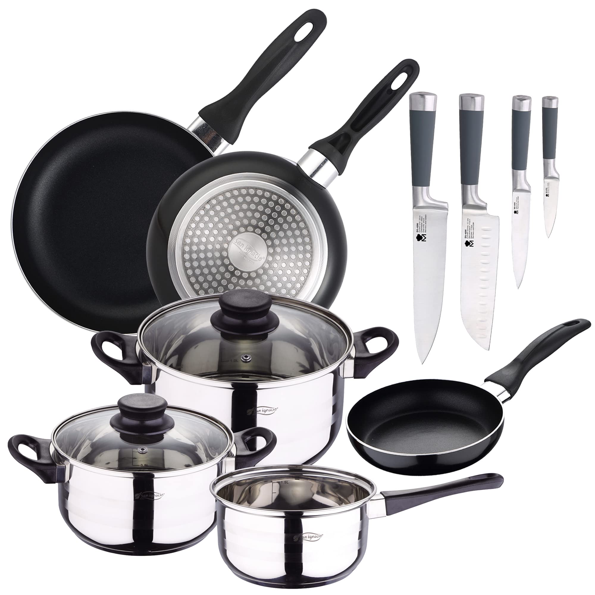 Batterie de cuisine 5 pièces et trois poêles pour repas de famille complets