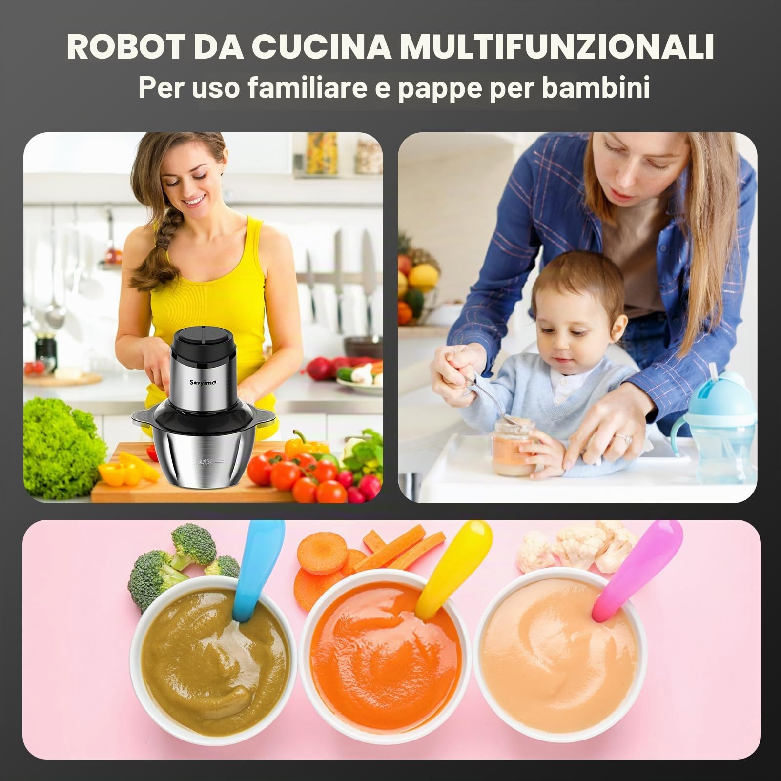 Sovyime Tritatutto da Cucina Elettrico, 2L+2L Frullatore Tritatutto Multifunzione,2×4 Lame Tritatutto Elettrico Mini Robot da Cucina, Mixer Cucina, Frullatore Piccolo per Frutta Verdura Carne Cipolle