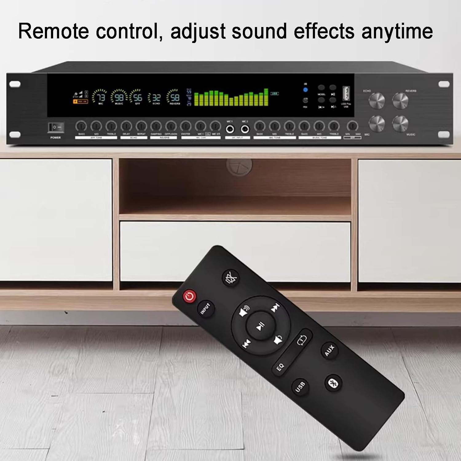 Ecualizador de espectro de 15 bandas, procesador de efectos digital de preamplificación, con pantalla LCD, mando a distancia, función anti-aullidos, capacidad de reproducción USB/Bluetooth, procesador