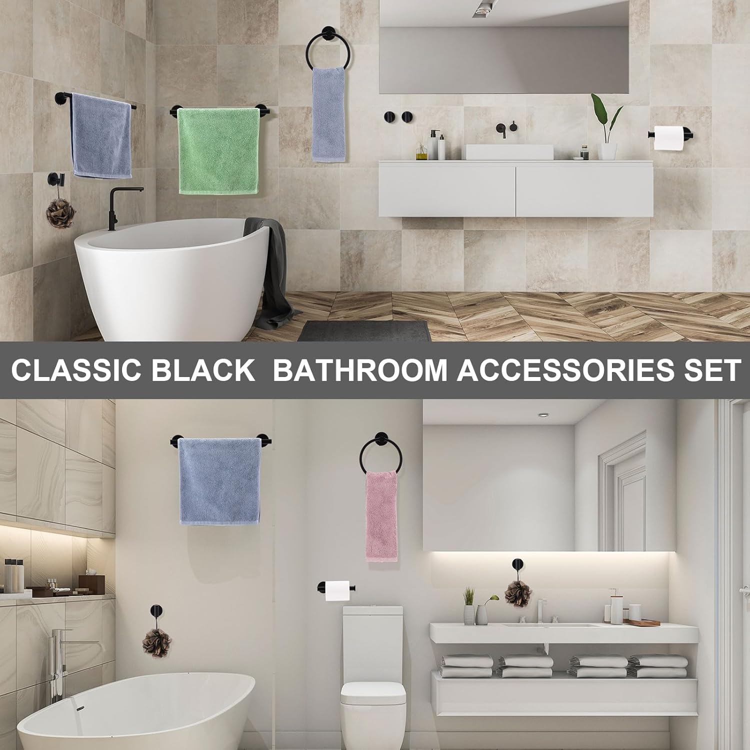 Blulu 30 Pcs Bathroom Hardware Set, Stainless Steel Towel Bar Set Includes 16 Inch Towel Bar, Hook, Ring, Toilet Paper Holder Wall Mounted Bathroom Accessories (Matte Black)