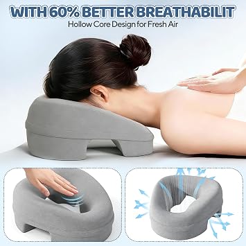 Face Down Pillow, Ergonomic Massage Headrest for Bed & Massage Table, Memory Foam Face Down Pillow with Dual Exhaust Holes and Removable Cover, Face Cradle Prone Cushion for Spa, Naps, Salons, Grey