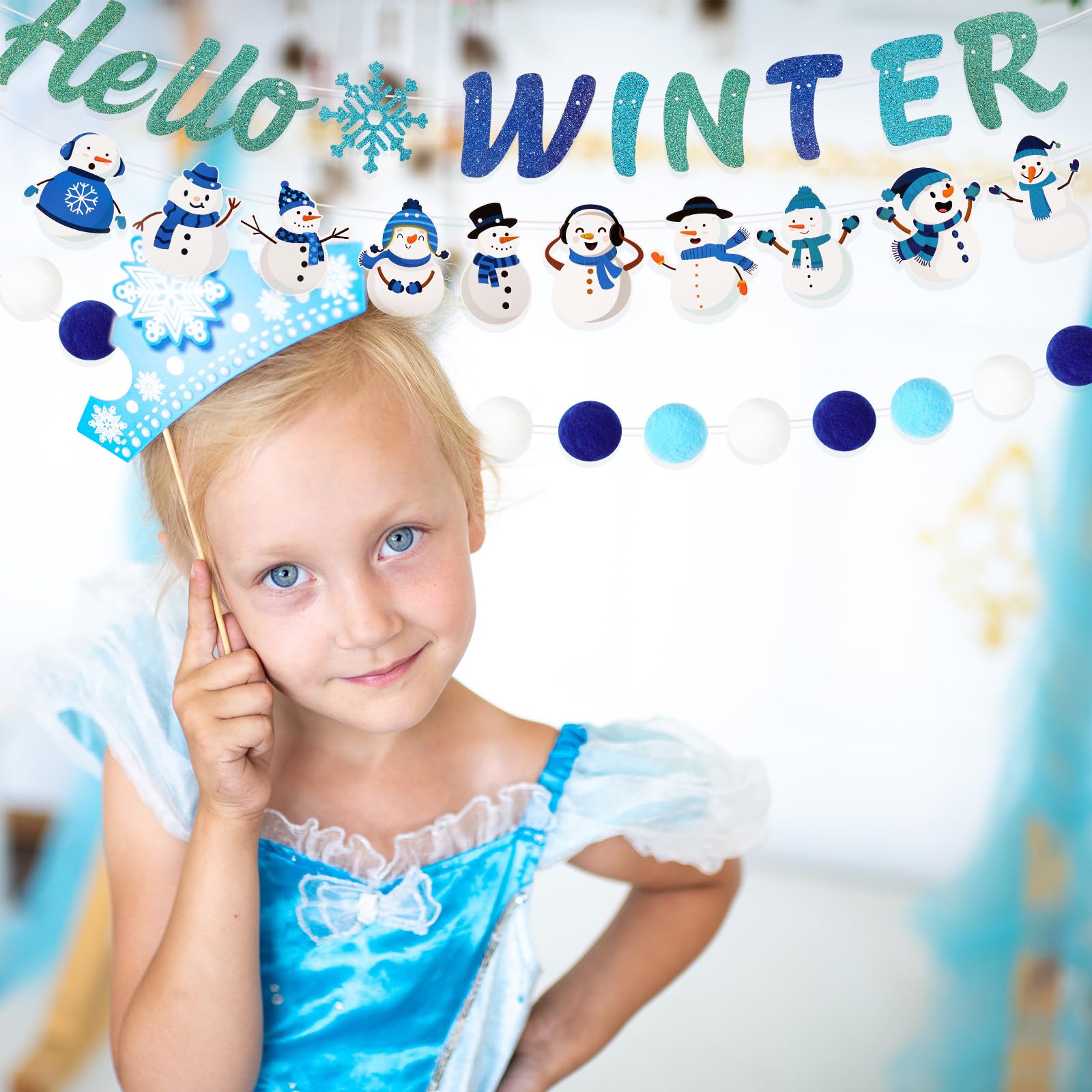 Teling 5 Stück Winter-Filz-Girlande, Schneemann, Bommel, Banner, Hallo Winter, Banner, Filz-Girlanden, Schneemann, Zwerg, hängende Weihnachten, Klassenzimmer, Türdekoration für Wunderland, Geburtstag