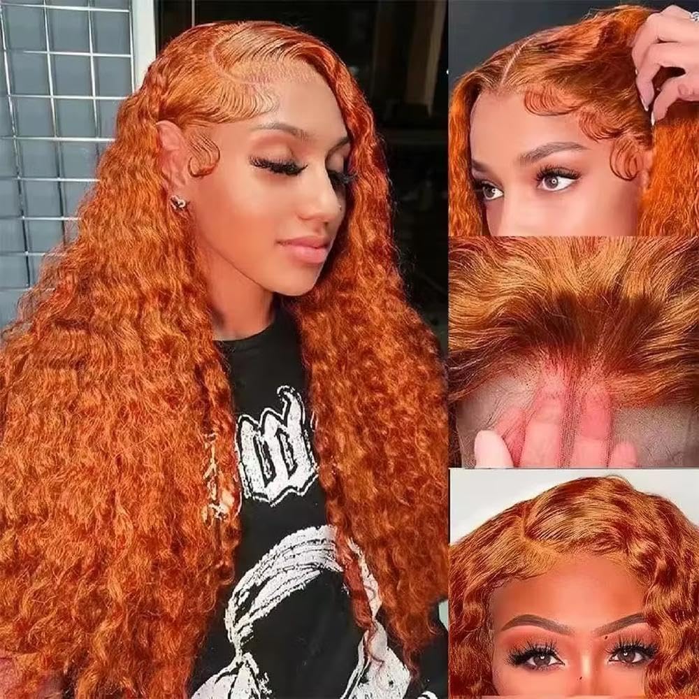 Haarpflege Ingwer Orange Blonde Farbe Lange Tiefe Lockige 13X4 Spitze Vorne Perücke Für Frauen Vorgezupft Bleach Cosplay