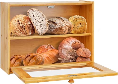 Double Layer Bamboo Bread Box with Clear Window, Large Capacity Bread Storage Bin- Kitchen Countertop Storage Box for Bread, Pastries & Baked Goods - Easy Self-Assembly Organizer
