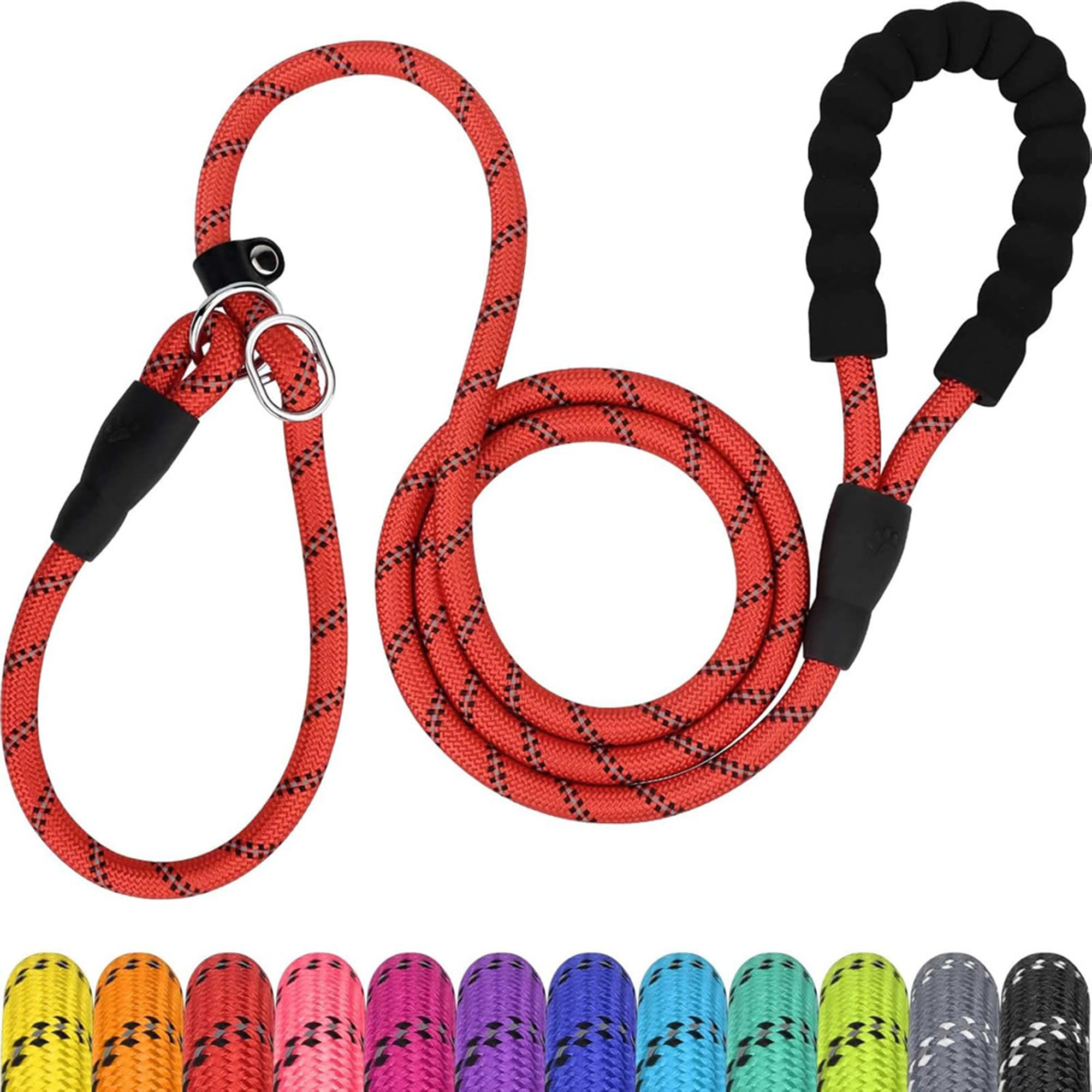 Slip Dog Lead, 2-Meter Reflective Slip Lead with Padded Handle, Training Slip Lead for Small, Medium & Large Dogs | Enhanced Night Safety & Comfort (Red)