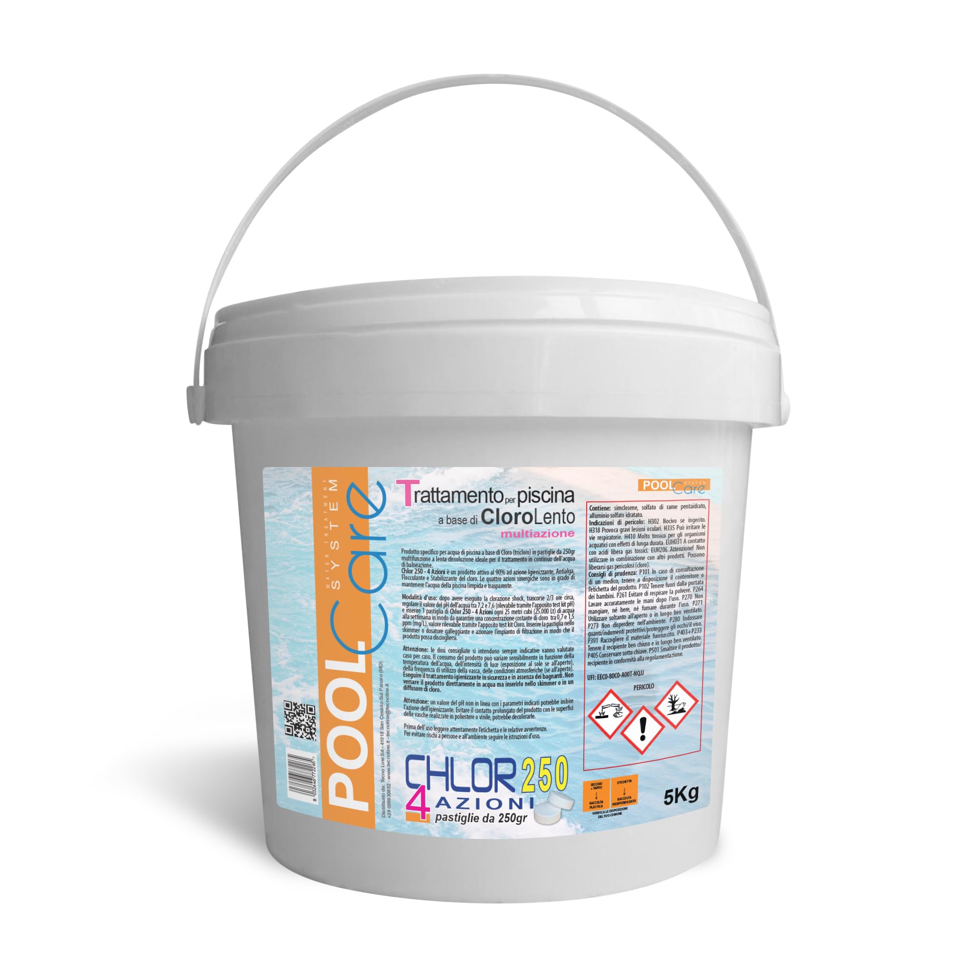 Pool Care CHLOR 250 4 Azioni Cloro Multiazione in pastiglie da 250 gr - 5KG | CLORO MULTIAZIONE Attivo al 90% pastiglie a lenta dissoluzione per Piscina