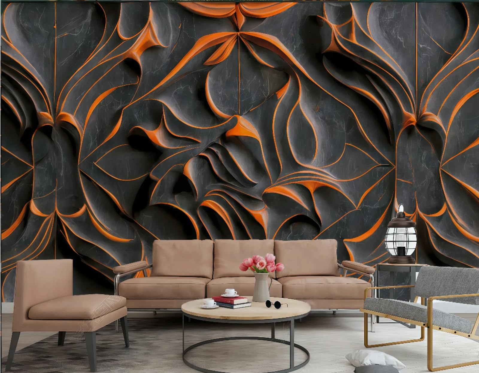Tapeta sztuka nowoczesna rzeźba pomarańczowe płatki ulga abstrakcyjny czarny marmurowy wzór TV sofa tło tapeta ścienna salon restauracja kawiarnia mural, 3D, 250 x 175 cm