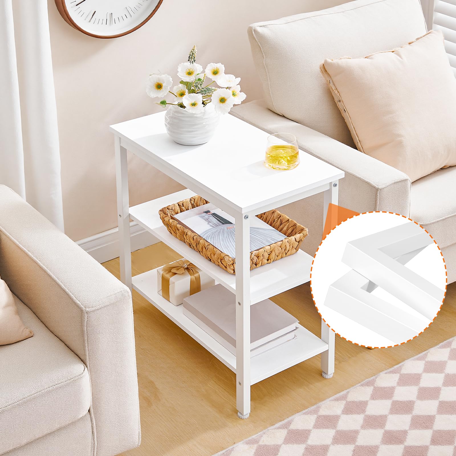 HOOBRO Tavolino, a 3 Ripiani Portaoggetti, Comodino, Tavolino Stretto, per Soggiorno, Camera da Letto, Cucina, Montaggio Semplice, Struttura in Metallo, Bianco EWT14BZ01