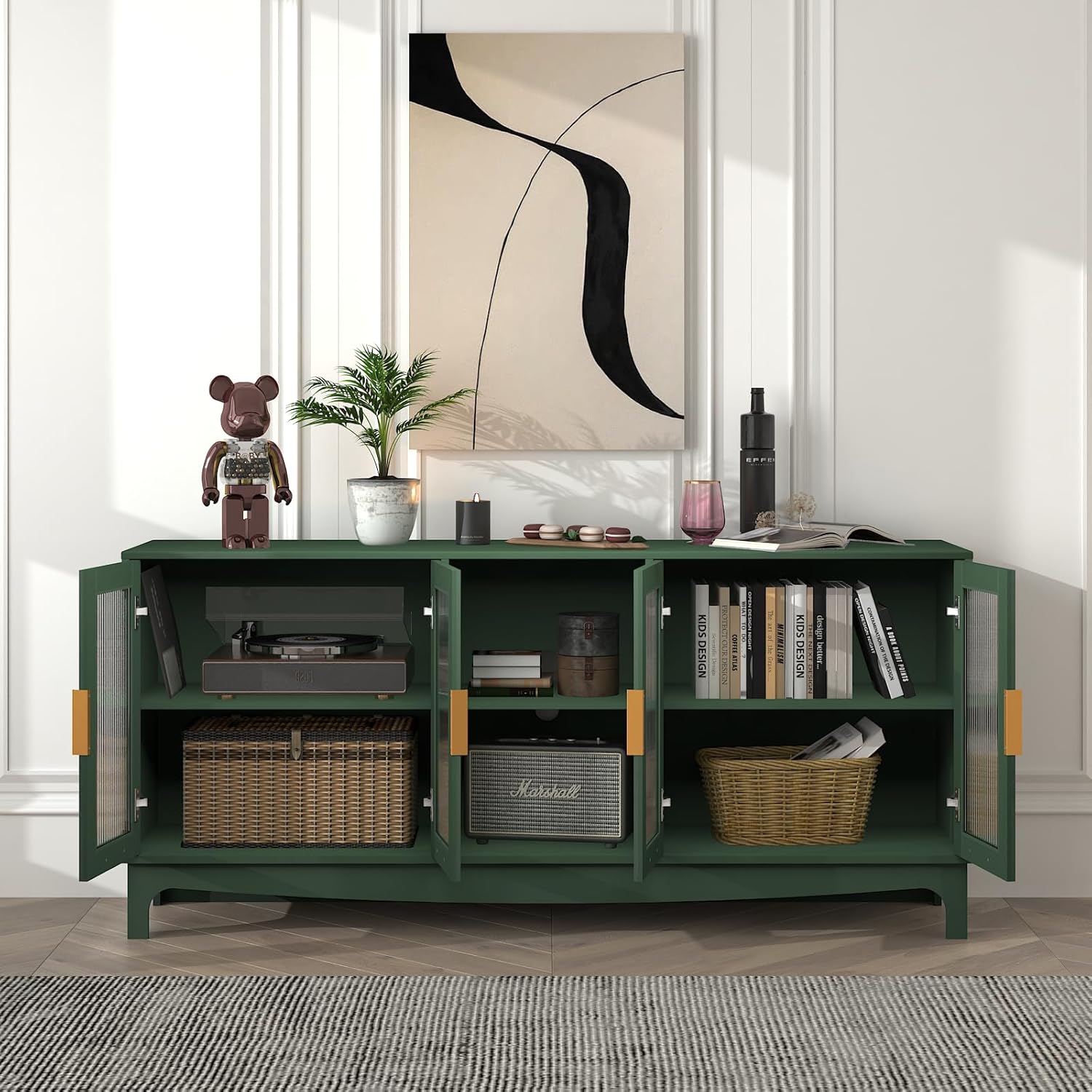 65 Inch Green TV Stand for TVs up to 70+ inch, Mid Century Modern Glass Door TV Console Table, Entertainment Center with Storage Cabinet, Wood Media Console for Bedroom, Living Room