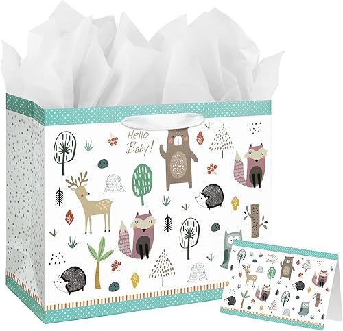 Bolsa de regalo grande de 13 pulgadas con tarjeta y papel de seda para baby shower, cumpleaños de niños (animales del bosque)
