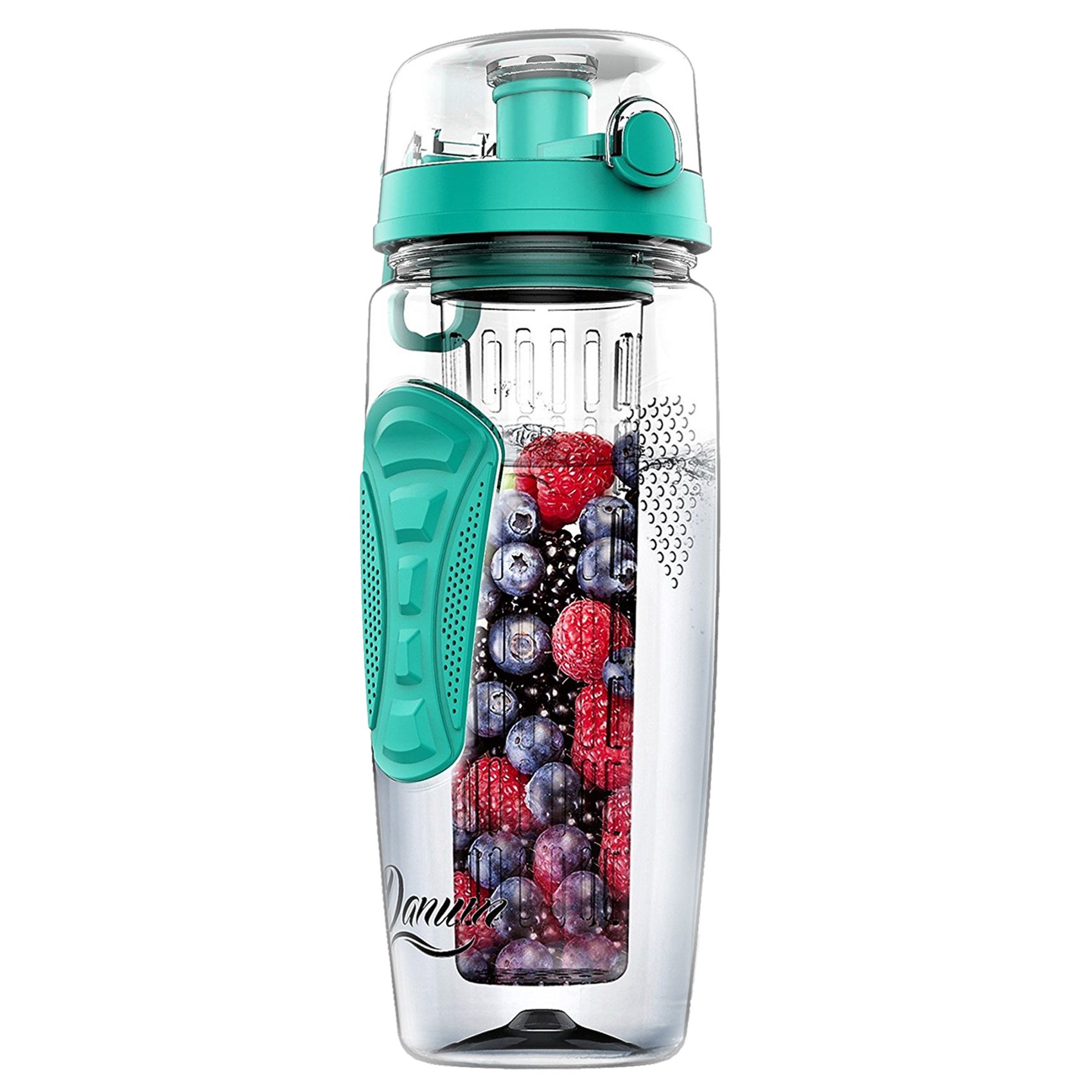 Danum Fruit Infuser Water Bottle Large 32oz New Full Length Infusion Basket, Leak-Proof, Flip-Top, Dual Hand Grips, Made of BPA-Free Eastman Tritan with Multiple Color Options & Free Recipe Ebook