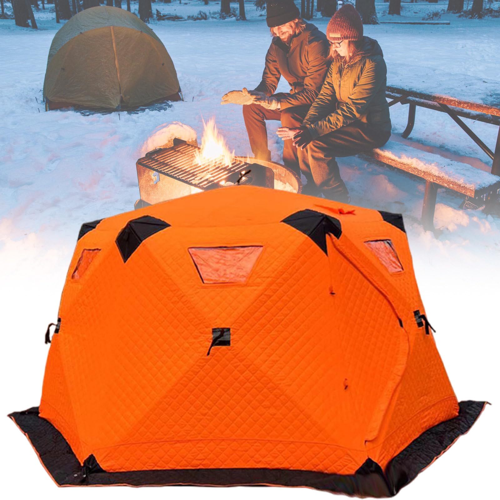 vnmudzeo Double Door Ice Fishing Shelter 5-8 People,Quick to Build Winter Outdoor Cold Protection Tent Breathable,with ?11 Mm Solid Fiberglass Rod,Orange