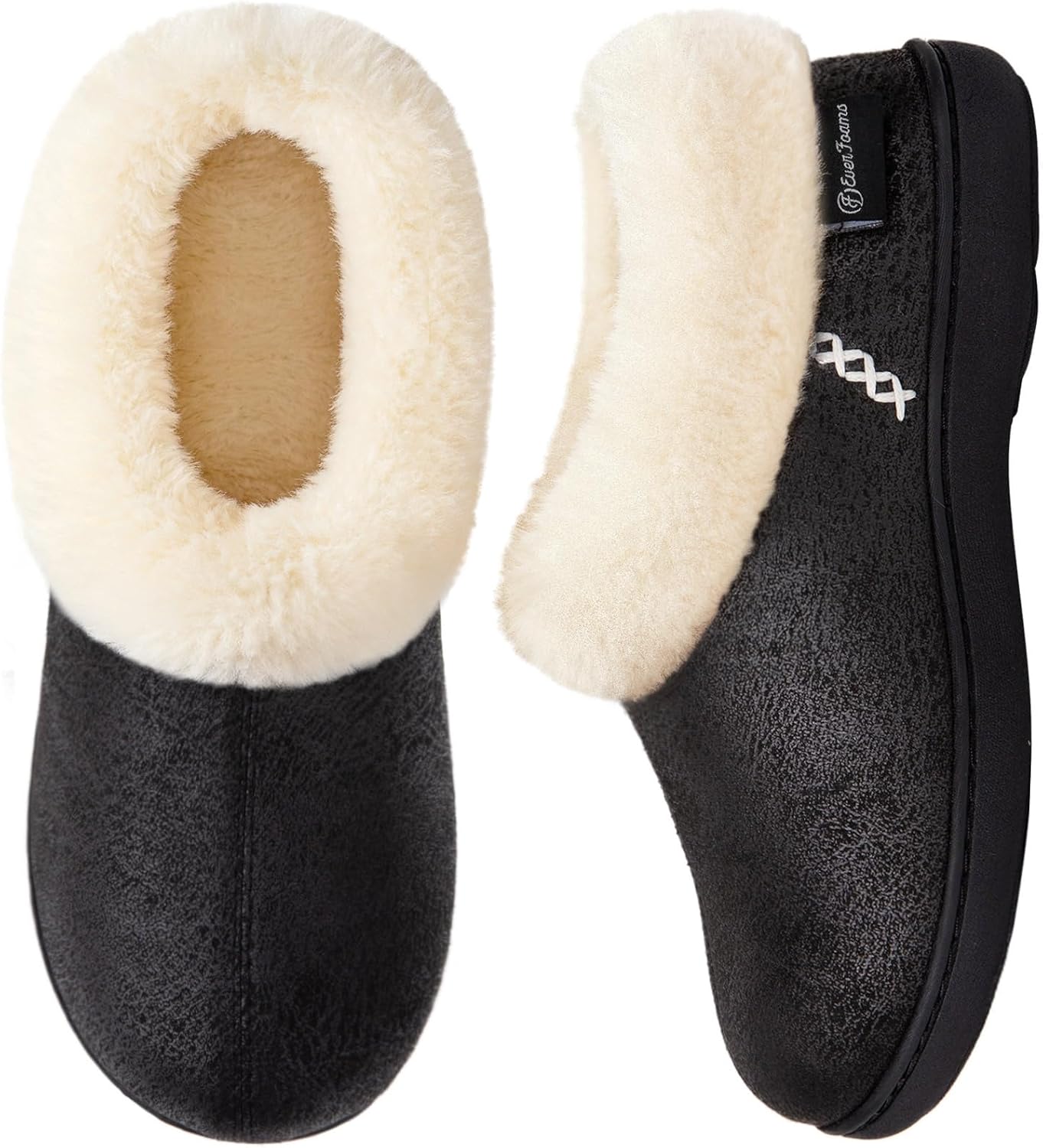 EverFoams Women's Microsuede Cozy Memory Foam Winter Slippers with Fuzzy Faux Fur Collar and Indoor Outdoor Rubber Sole