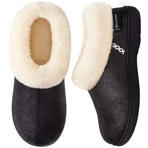 EverFoams Women's Microsuede Cozy Memory Foam Winter Slippers with Fuzzy Faux Fur Collar and Indoor Outdoor Rubber Sole