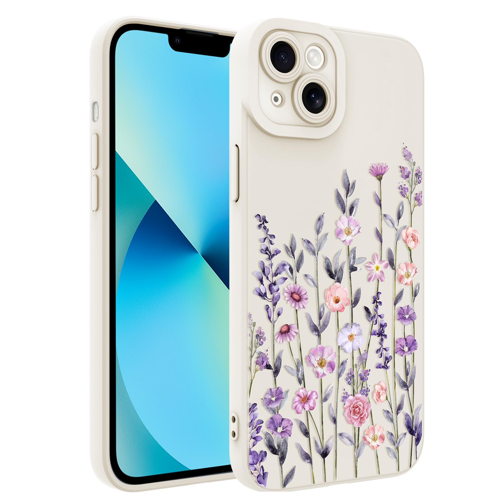 Designed for iPhone 13 Case, Cute Flower Floral Pattern Design, Slim Soft TPU Liquid Silicone Protective Cover for Women Girls - White