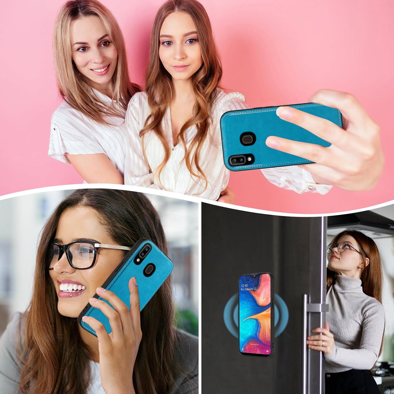 Asuwish Phone Case for Samsung Galaxy A20 A30 Zipper Wallet Magnetic Detachable Cell Cover with Tempered Glass Screen Protector Crossbody Strap Flower Card Holder M10s A 30 20A SM A205G Women Men Blue