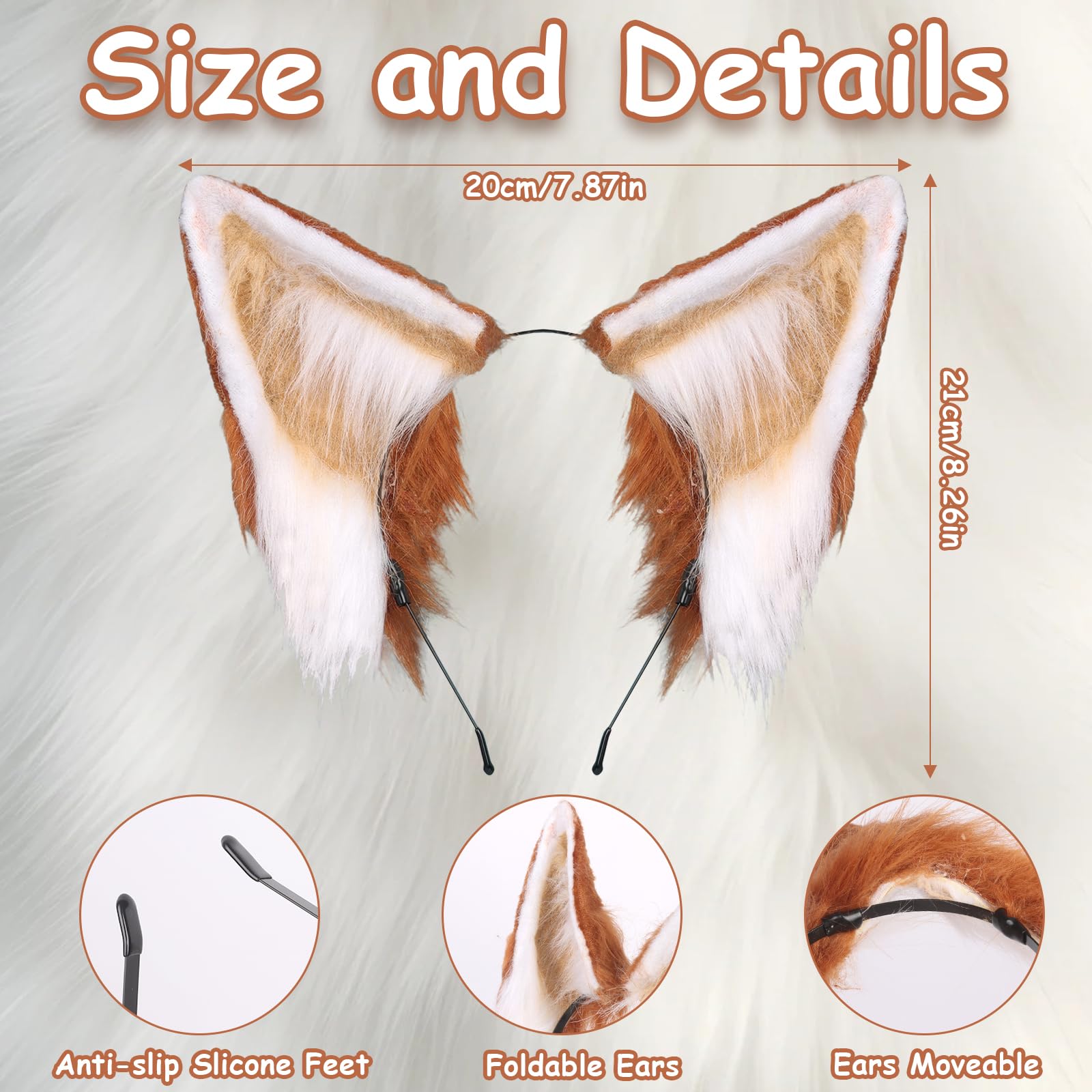 Minicloss Faux Fur Fox Wolf Ears Headband Handmade Furry Animal Ear Hairband Animal Cosplay Hair Hoop Women Men Head Accessories for Halloween Cosplay Costume Party(Brown White) - Image 2