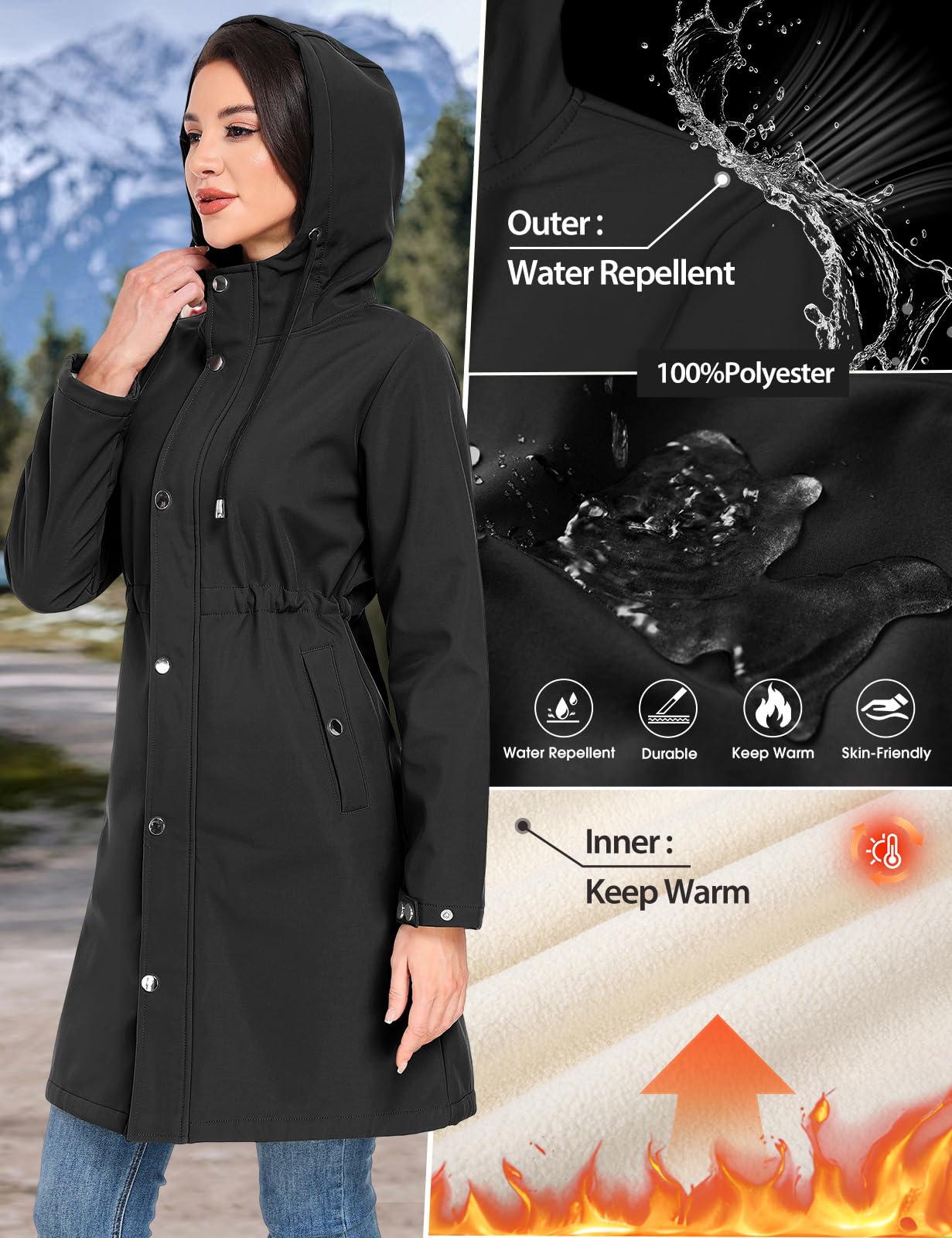 Softshelljacke Damen Lange Übergangsjacke Fleece Gefüttert Winddicht Softshellmantel Wasserdicht Windbreaker Wanderjacke Atmungsaktive Jacke Regenjacke Outdoorjacke mit Kapuze