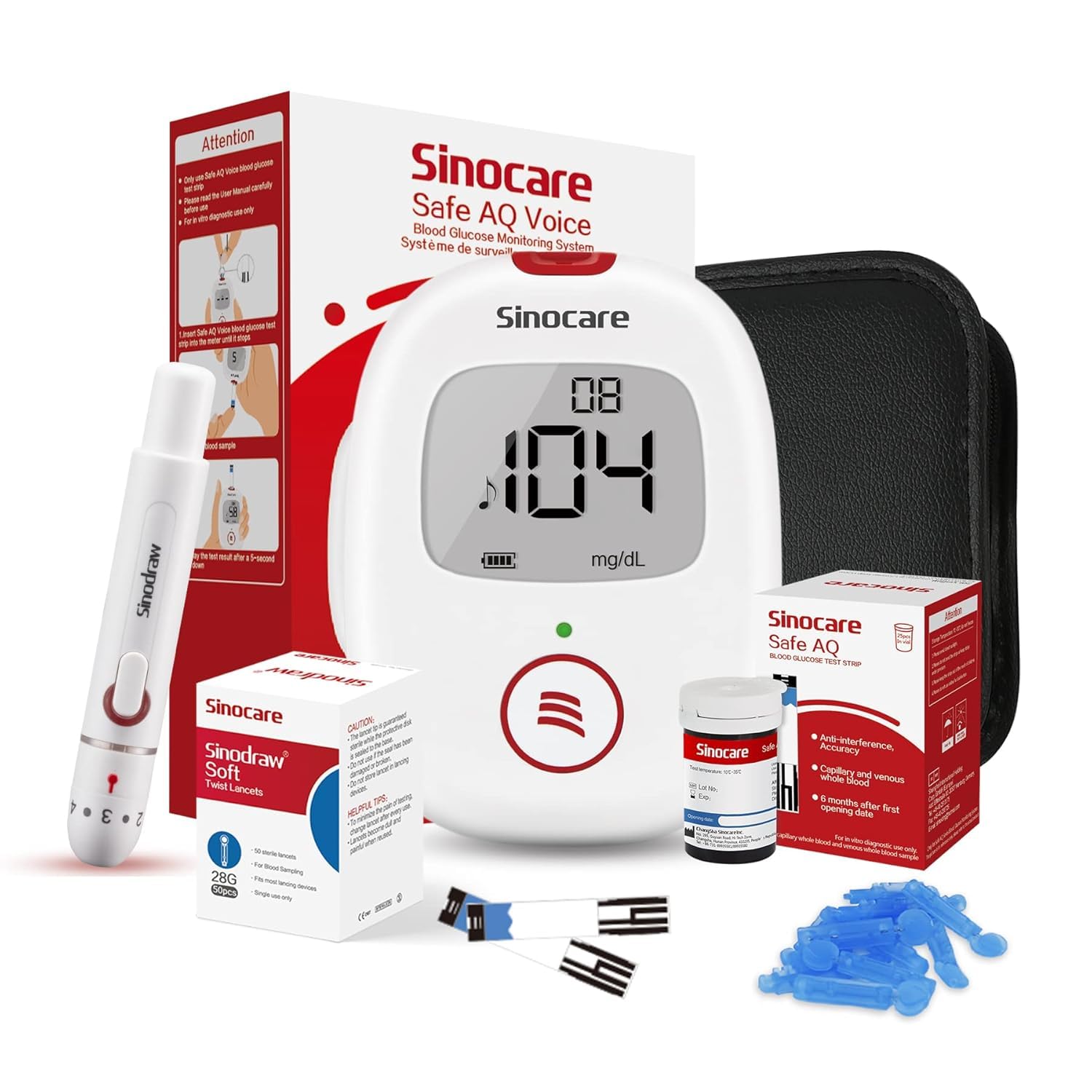 sinocare Blood Glucose Meter Kit, Glucometer, 25 x Test Strips and Puncture Device - mg/dL(Safe AQ Voice) ClimatePartner certified