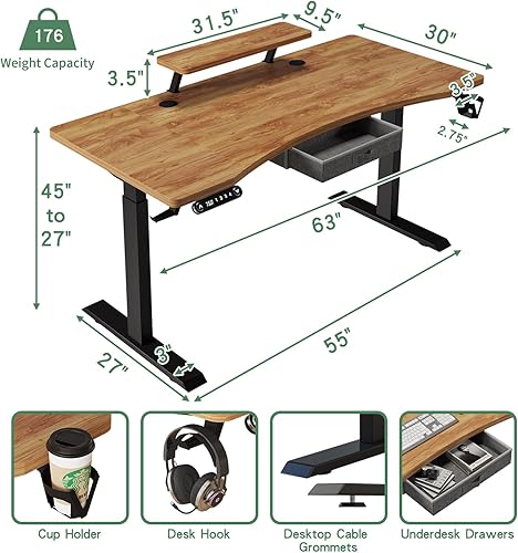 Miniatura 39 de Escritorio eléctrico de pie extragrande en forma de L de 63 x 28 pulgadas con un cajón, escritorio de oficina en casa con espacio de almacenamiento,