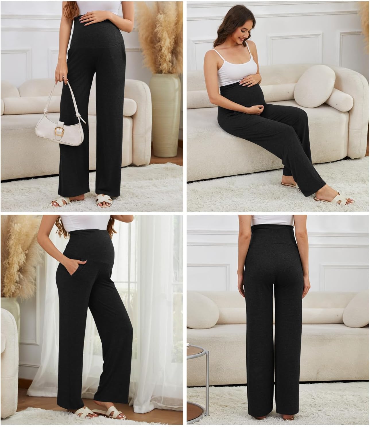 3 Pack Women's Maternity Pants Over The Belly Pregnancy Pants Stretchy Loose Wide Leg Lounge Work Pants with Pockets - Image 4